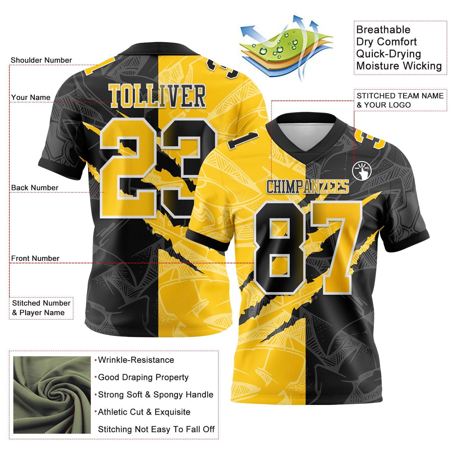 Custom Black Yellow-White Authentic Gradient Fashion Scratch Football Jersey view 3