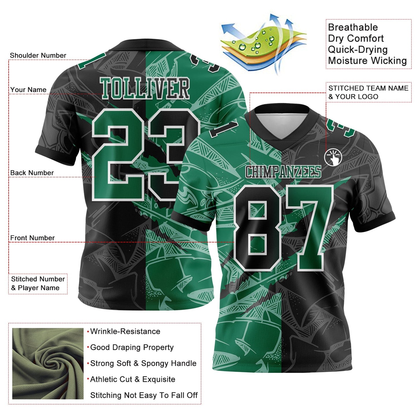 Custom Black Kelly Green-White Authentic Gradient Fashion Scratch Football Jersey view 3