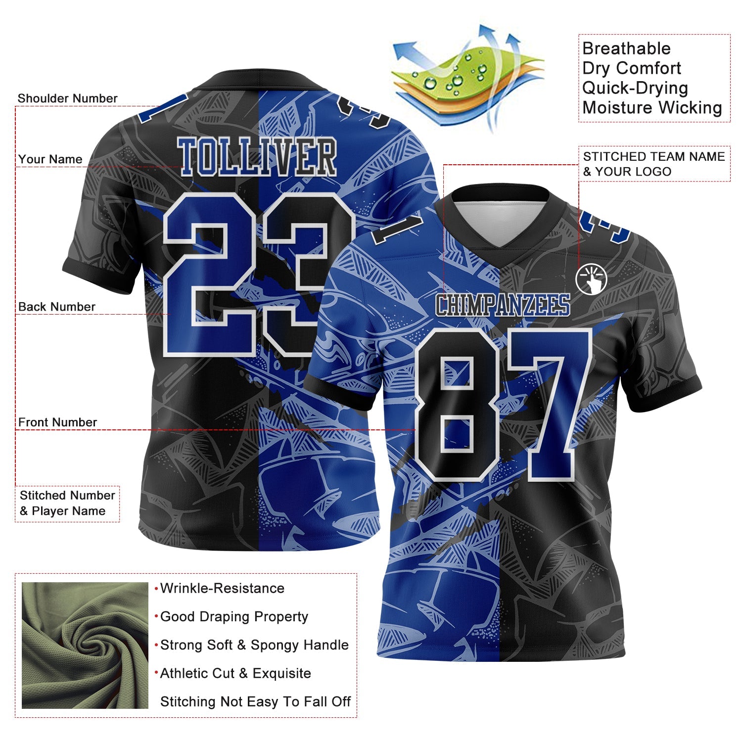 Custom Black Royal-White Authentic Gradient Fashion Scratch Football Jersey view 3
