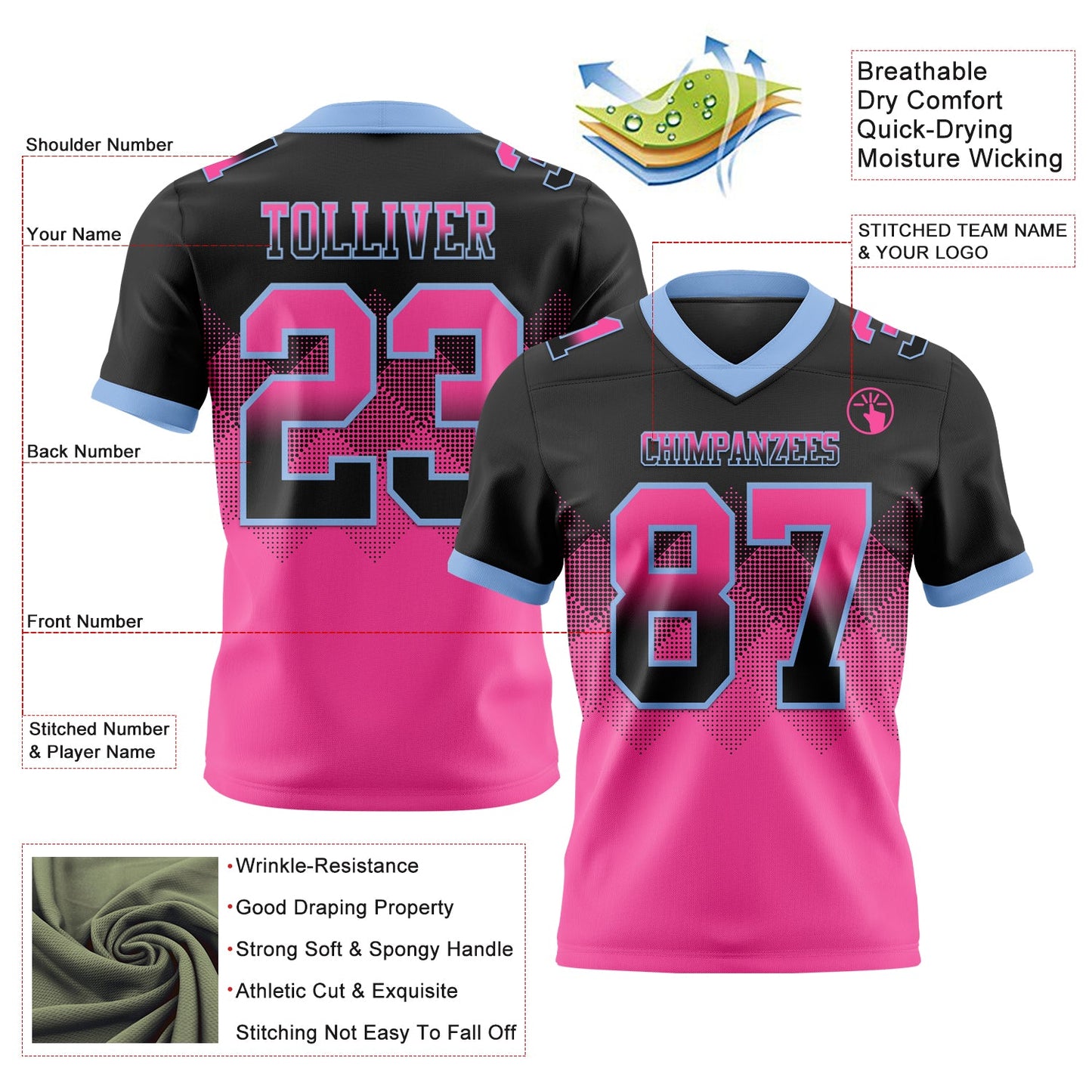 Custom Black Pink-Light Blue Authentic Gradient Square Shape 7V7 Flag Football Jersey view 2