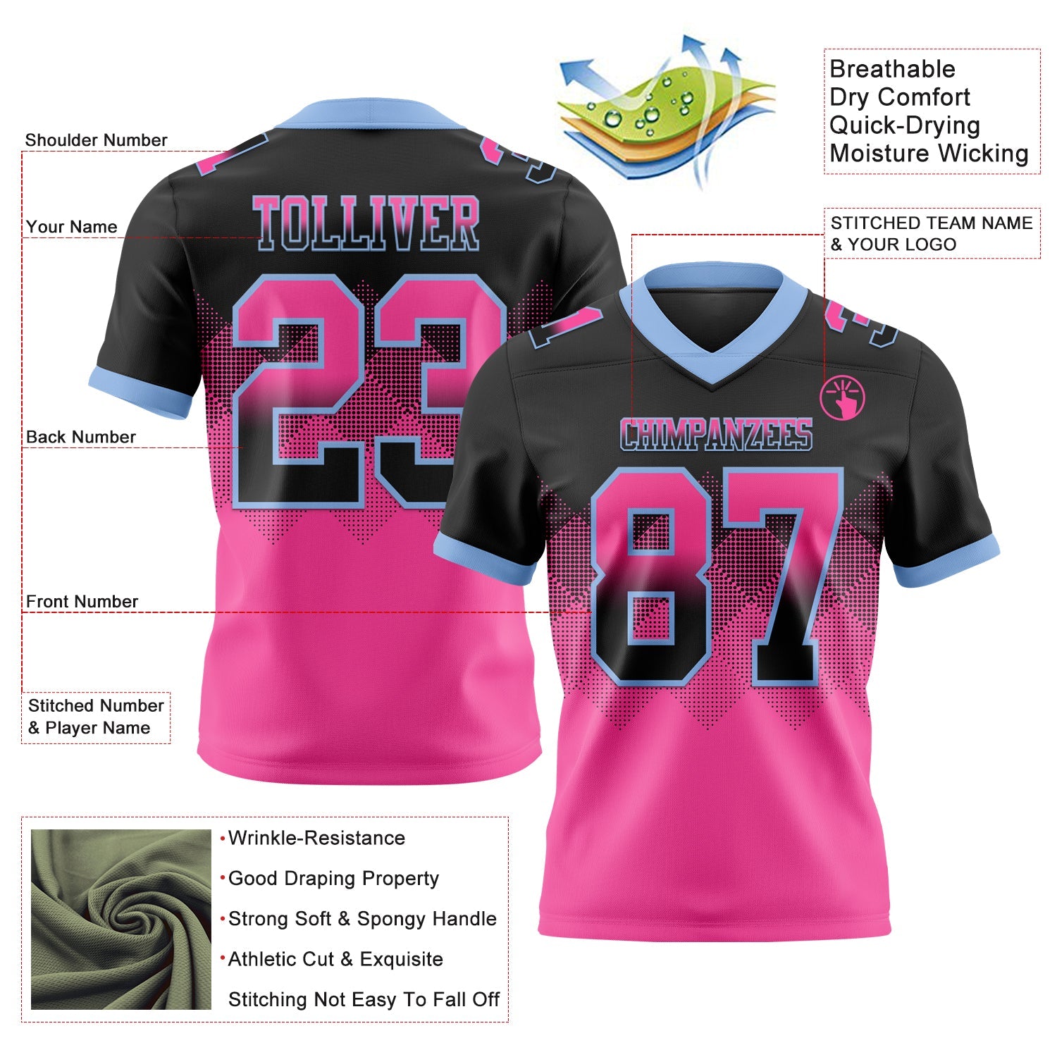 Custom Black Pink-Light Blue Authentic Gradient Square Shape 7V7 Flag Football Jersey view 2