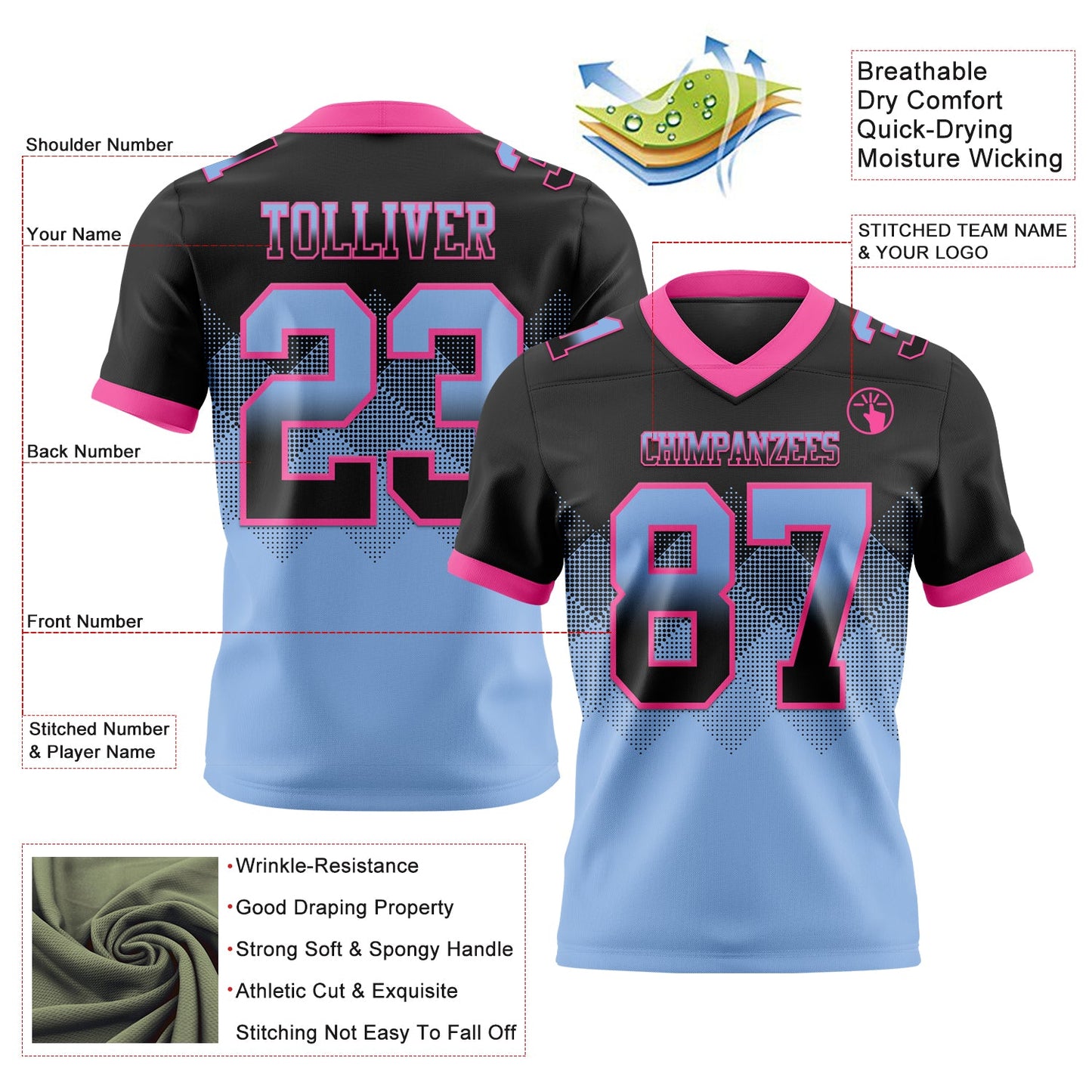Custom Black Light Blue-Pink Authentic Gradient Square Shape 7V7 Flag Football Jersey view 2