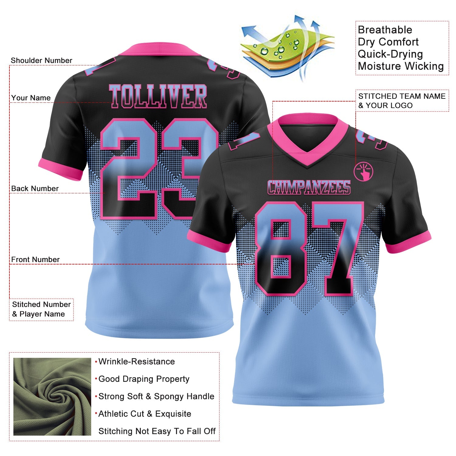 Custom Black Light Blue-Pink Authentic Gradient Square Shape 7V7 Flag Football Jersey view 2