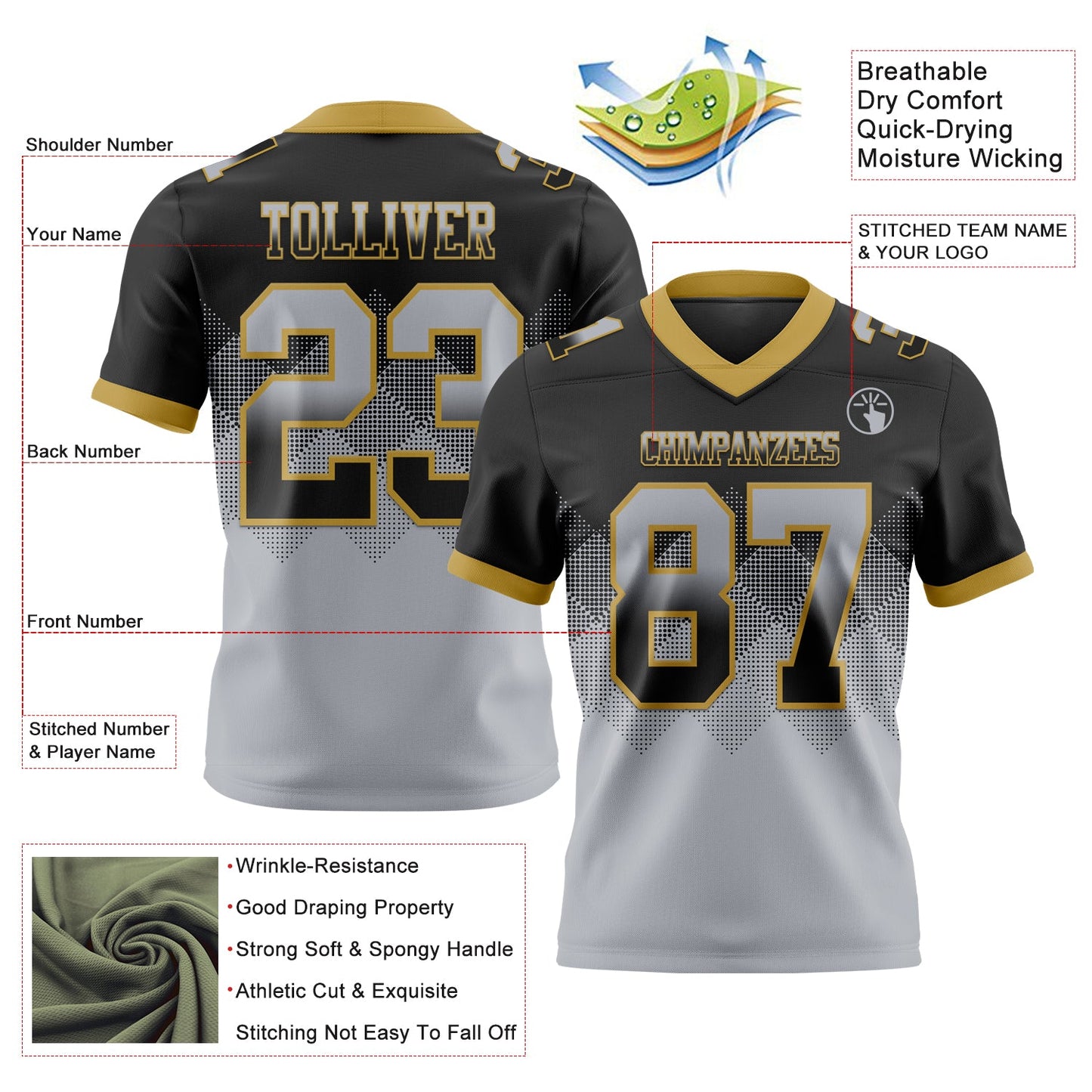 Custom Black Gray-Old Gold Authentic Gradient Square Shape 7V7 Flag Football Jersey view 2