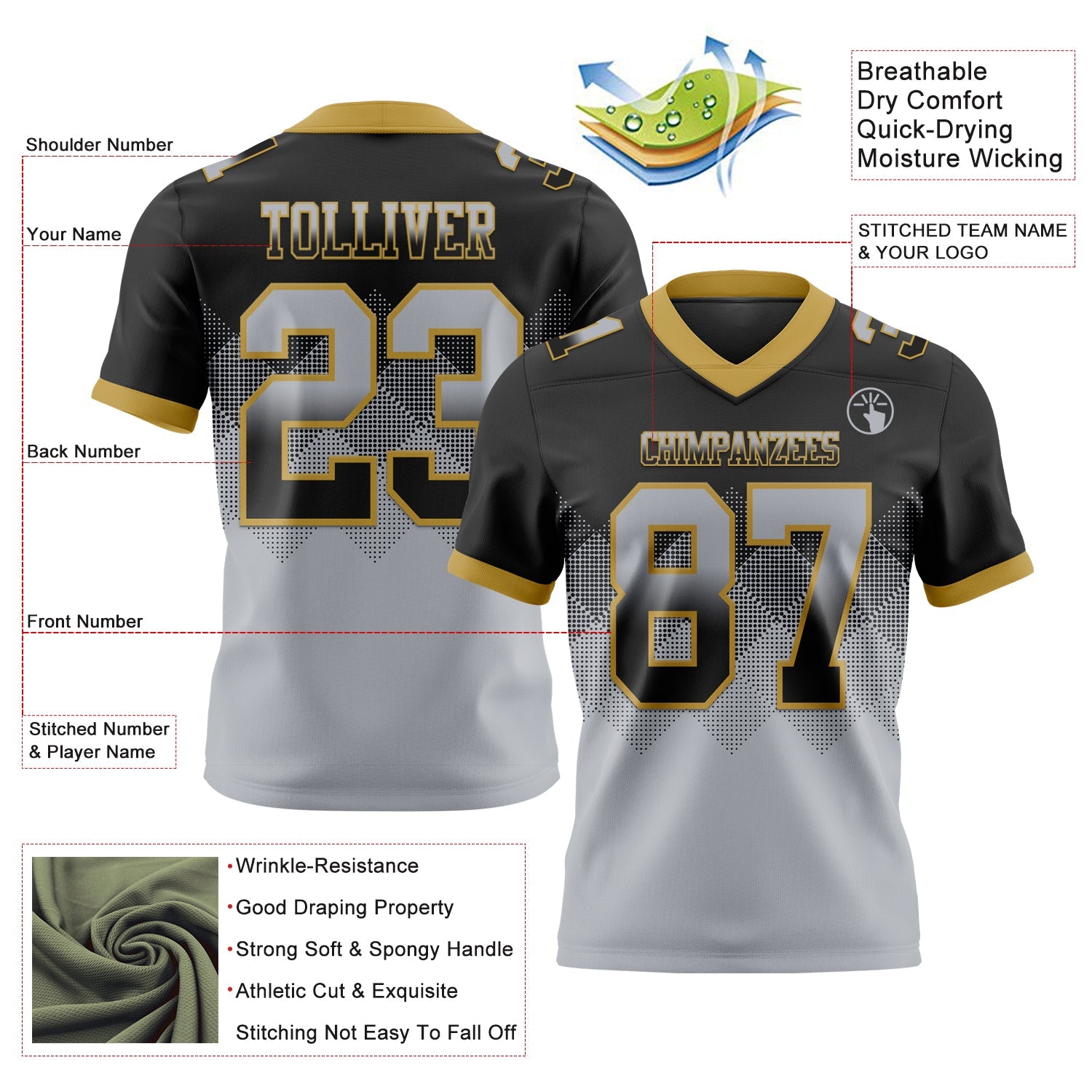 Custom Black Gray-Old Gold Authentic Gradient Square Shape 7V7 Flag Football Jersey view 2
