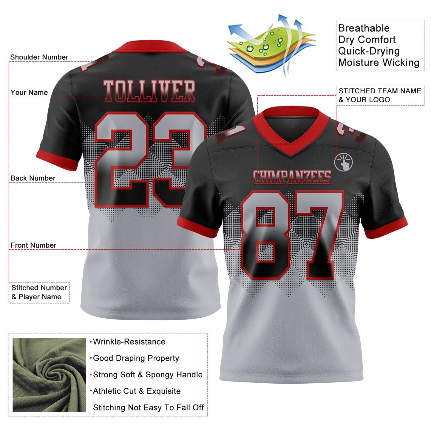 Custom Black Gray-Red Authentic Gradient Square Shape 7V7 Flag Football Jersey view 2