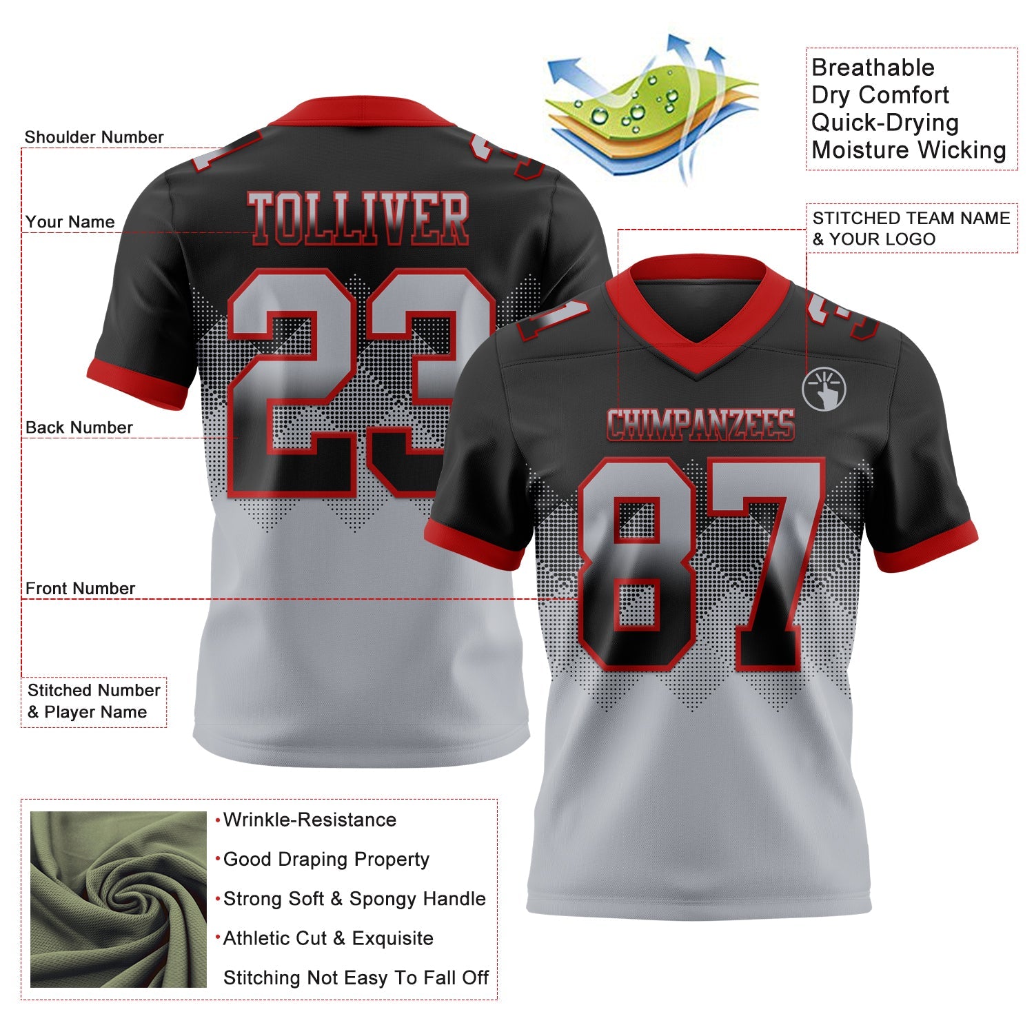 Custom Black Gray-Red Authentic Gradient Square Shape 7V7 Flag Football Jersey view 2