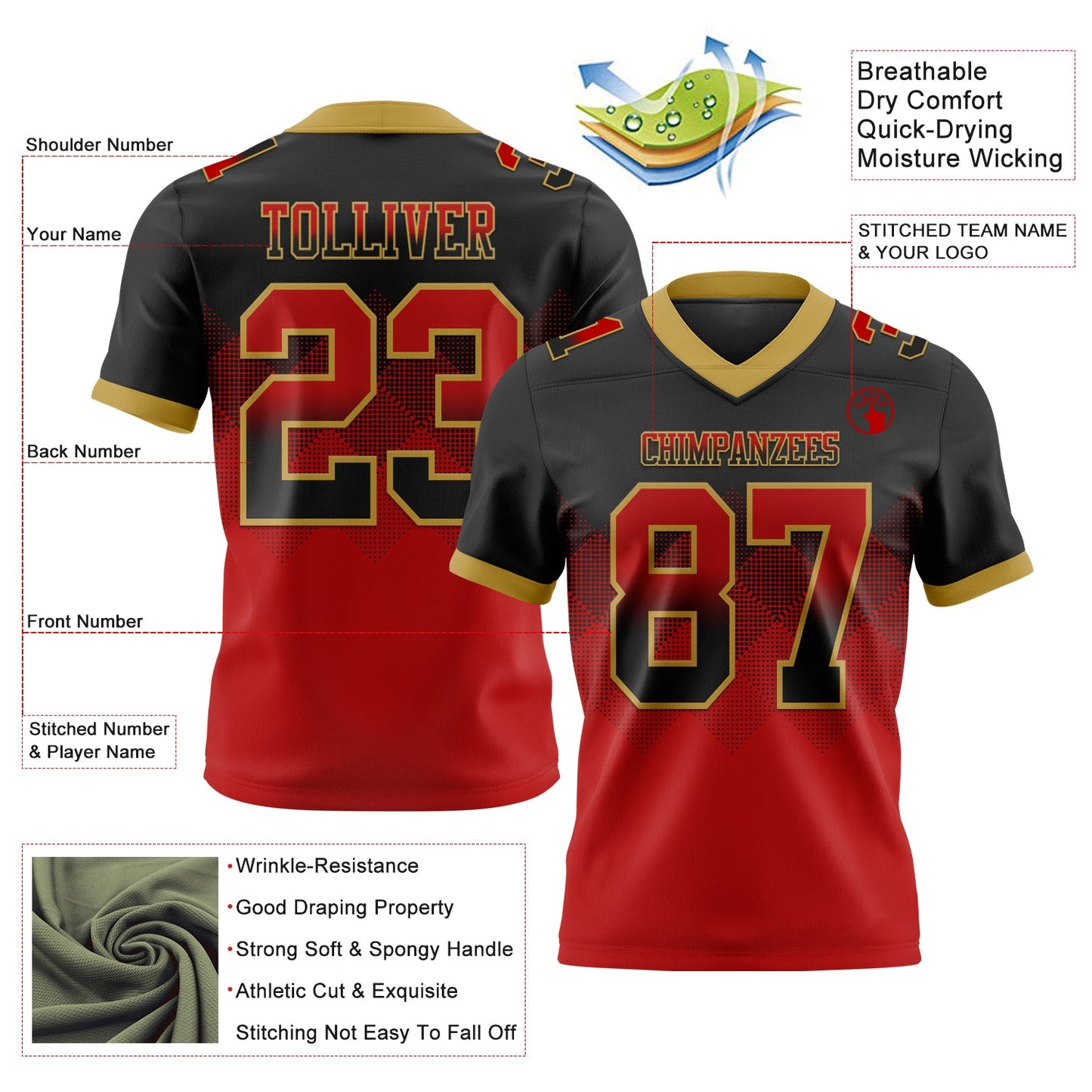 Custom Black Red-Old Gold Authentic Gradient Square Shape 7V7 Flag Football Jersey view 2