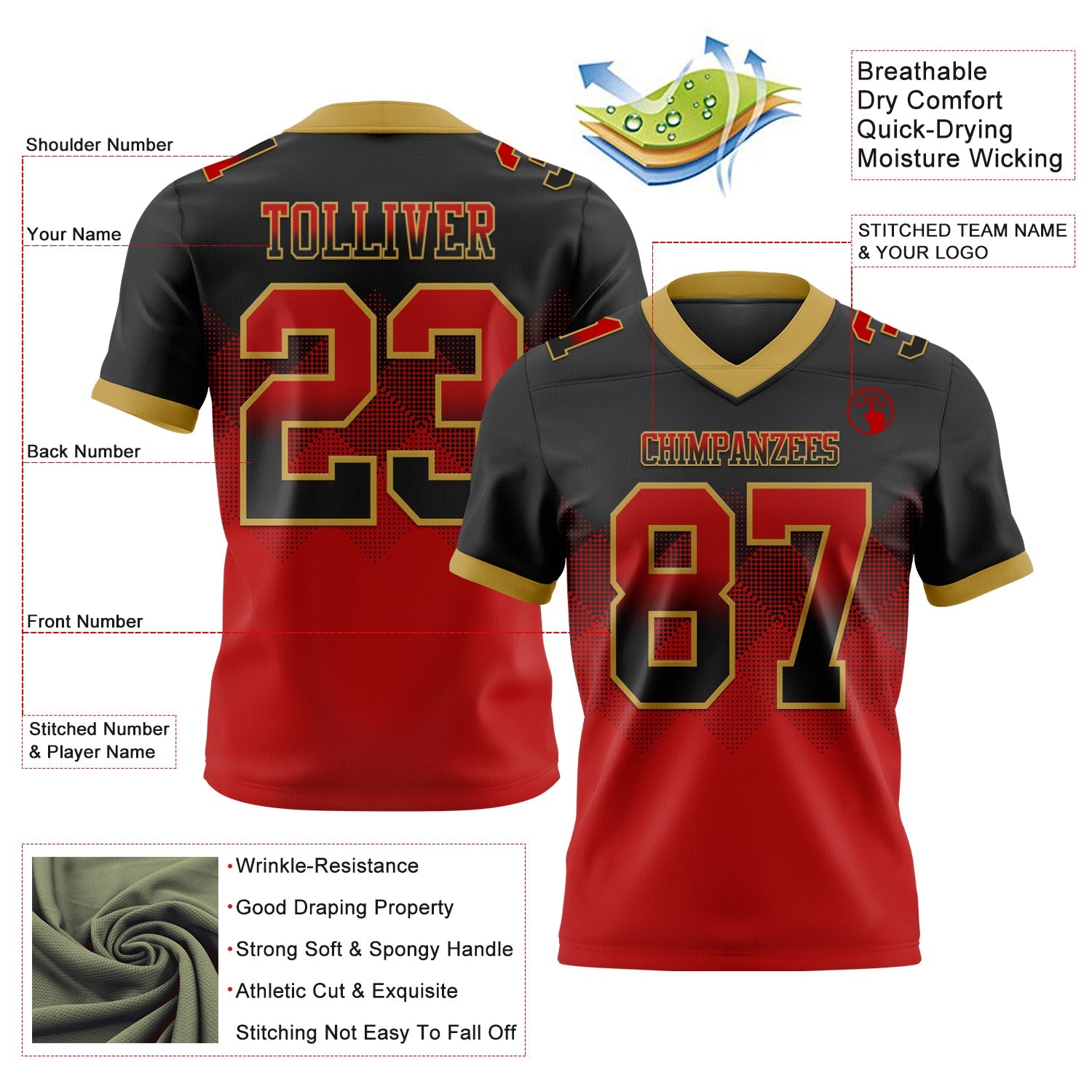 Custom Black Red-Old Gold Authentic Gradient Square Shape 7V7 Flag Football Jersey view 2