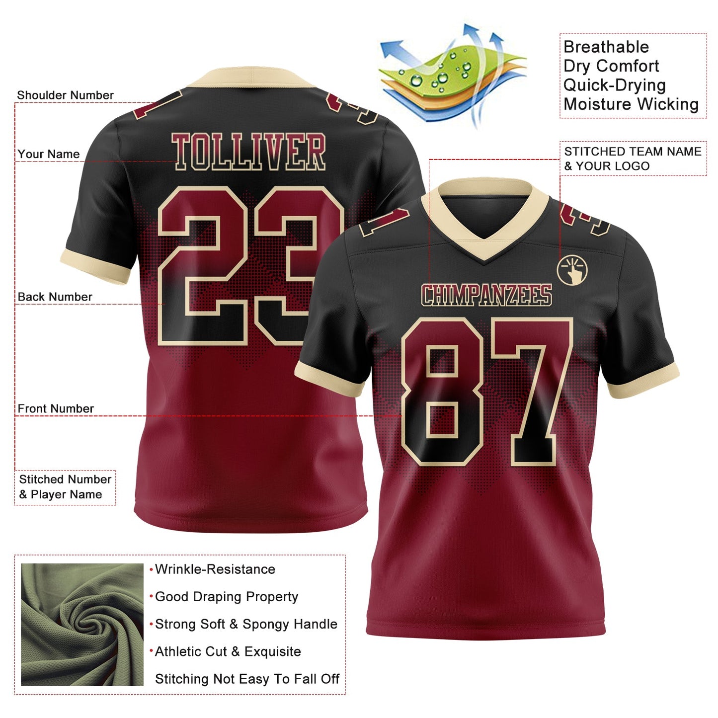 Custom Black Crimson-Cream Authentic Gradient Square Shape 7V7 Flag Football Jersey view 2