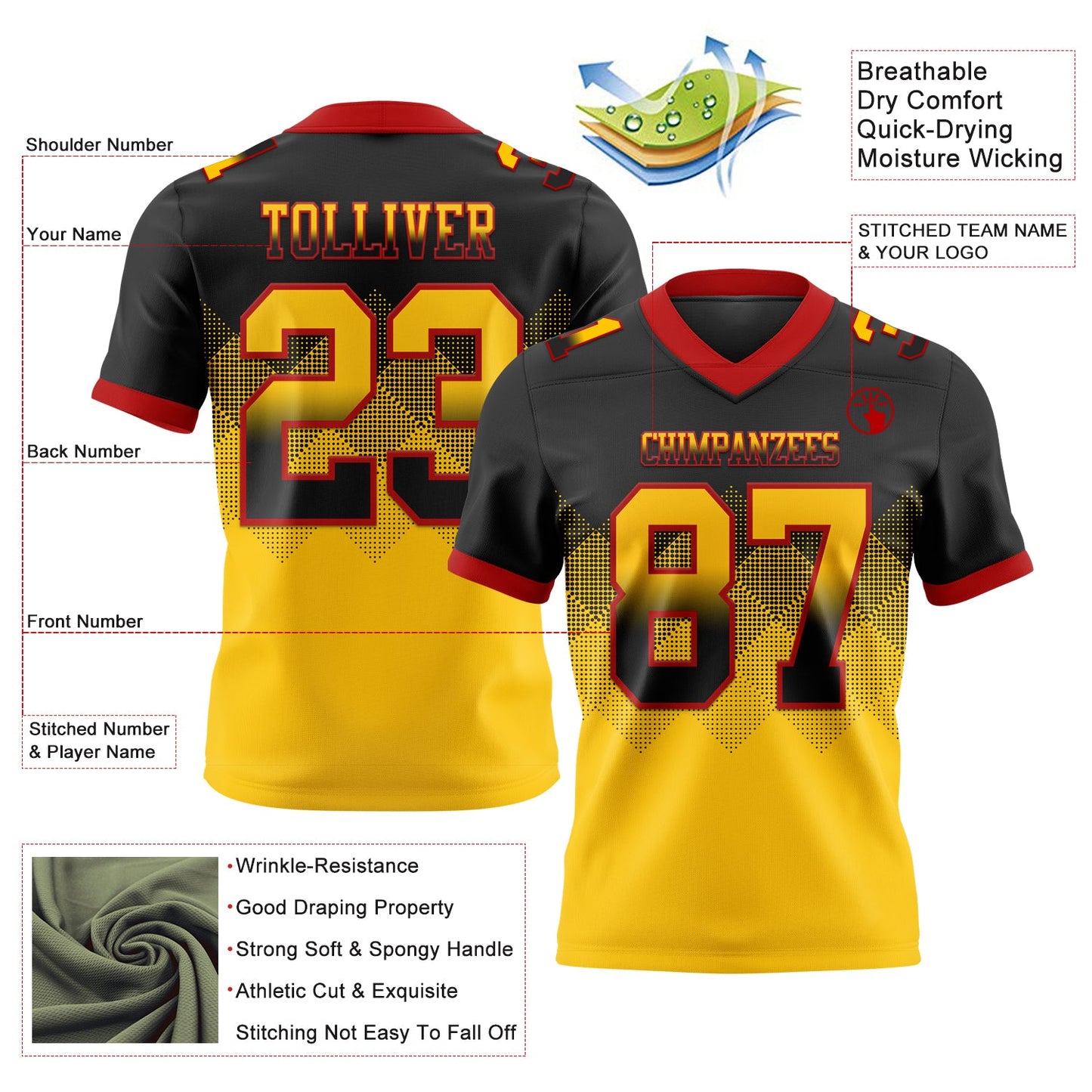 Custom Black Yellow-Red Authentic Gradient Square Shape 7V7 Flag Football Jersey view 2