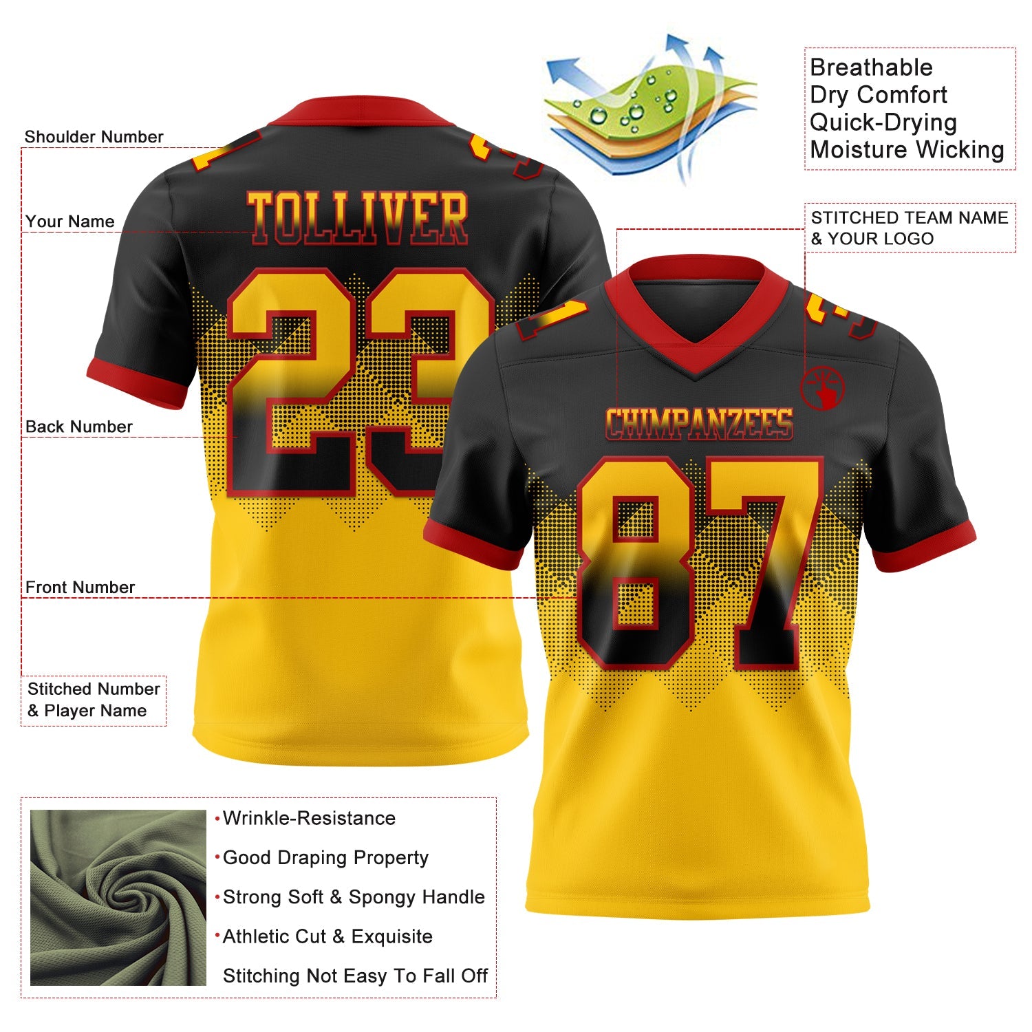 Custom Black Yellow-Red Authentic Gradient Square Shape 7V7 Flag Football Jersey view 2