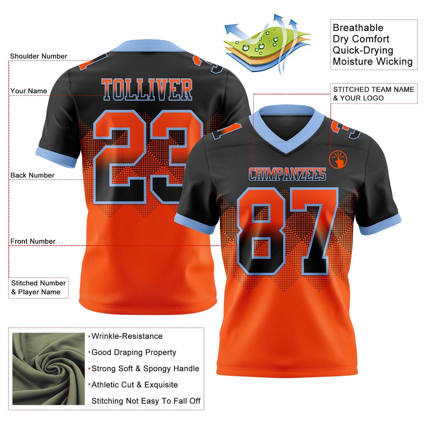 Custom Black Orange-Light Blue Authentic Gradient Square Shape 7V7 Flag Football Jersey view 2