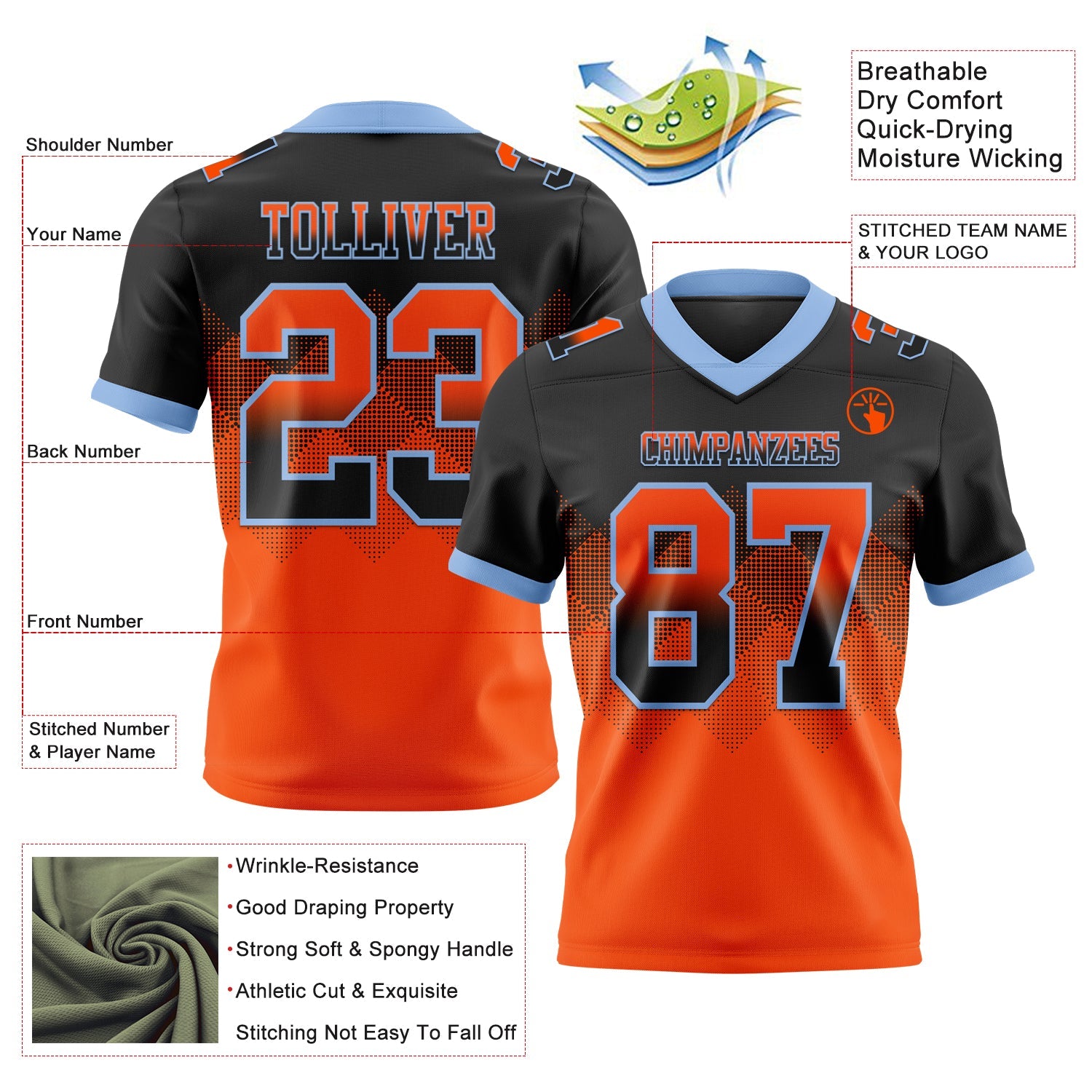 Custom Black Orange-Light Blue Authentic Gradient Square Shape 7V7 Flag Football Jersey view 2