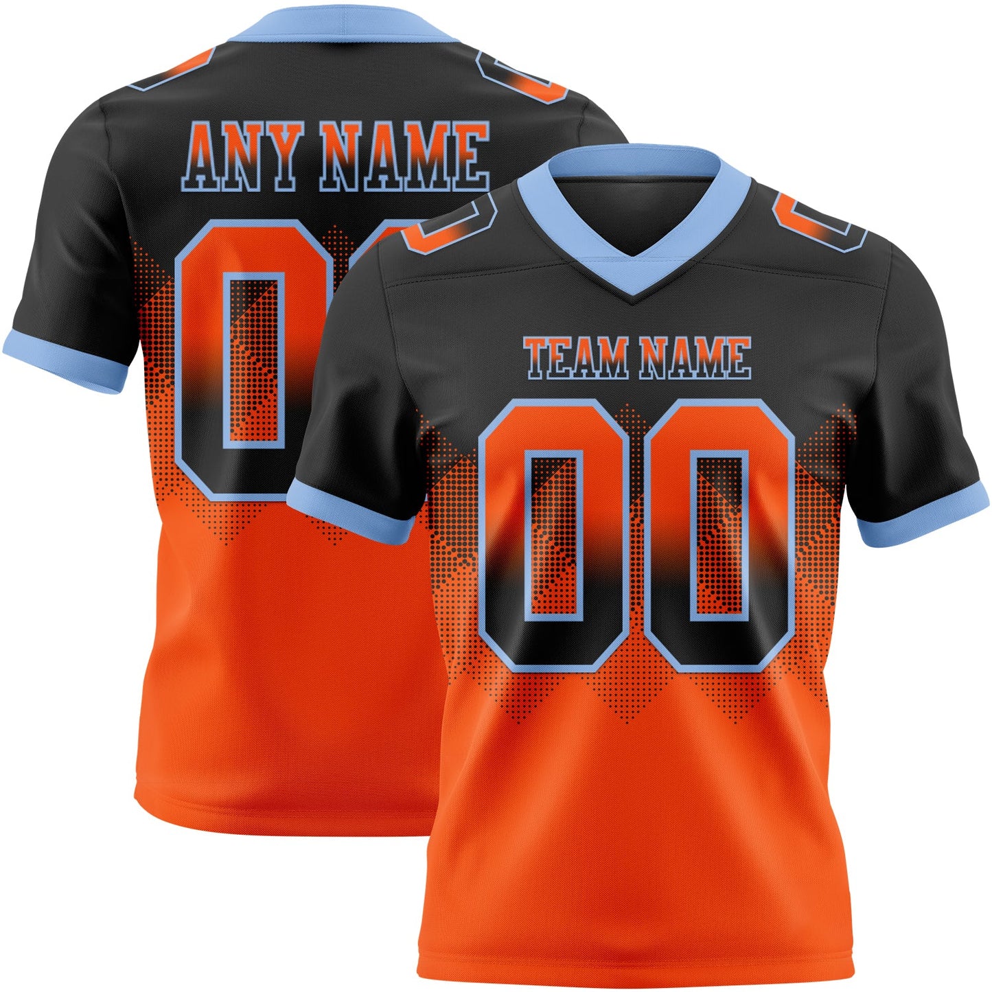 Custom Black Orange-Light Blue Authentic Gradient Square Shape 7V7 Flag Football Jersey - Main View