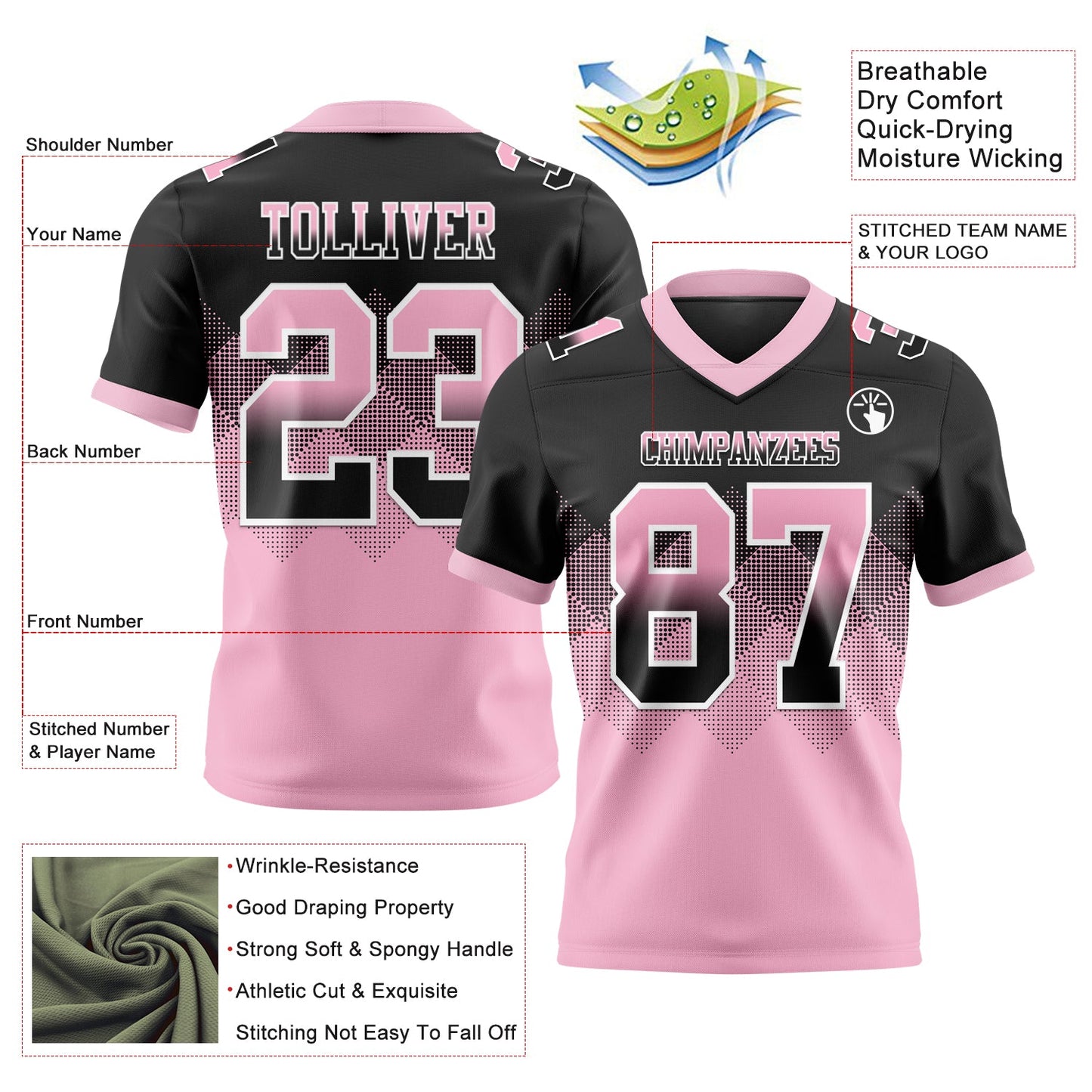 Custom Black Light Pink-White Authentic Gradient Square Shape 7V7 Flag Football Jersey view 2