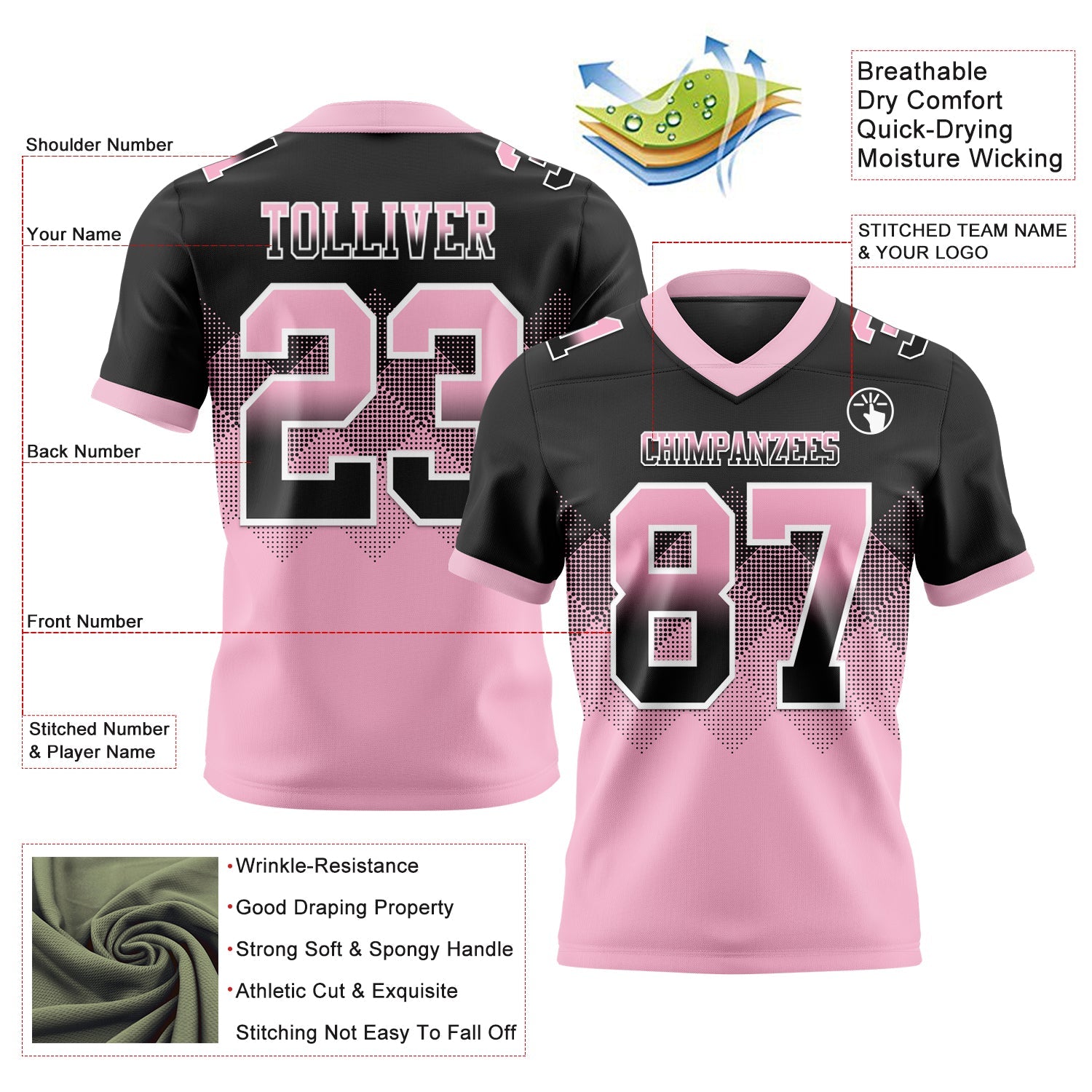 Custom Black Light Pink-White Authentic Gradient Square Shape 7V7 Flag Football Jersey view 2