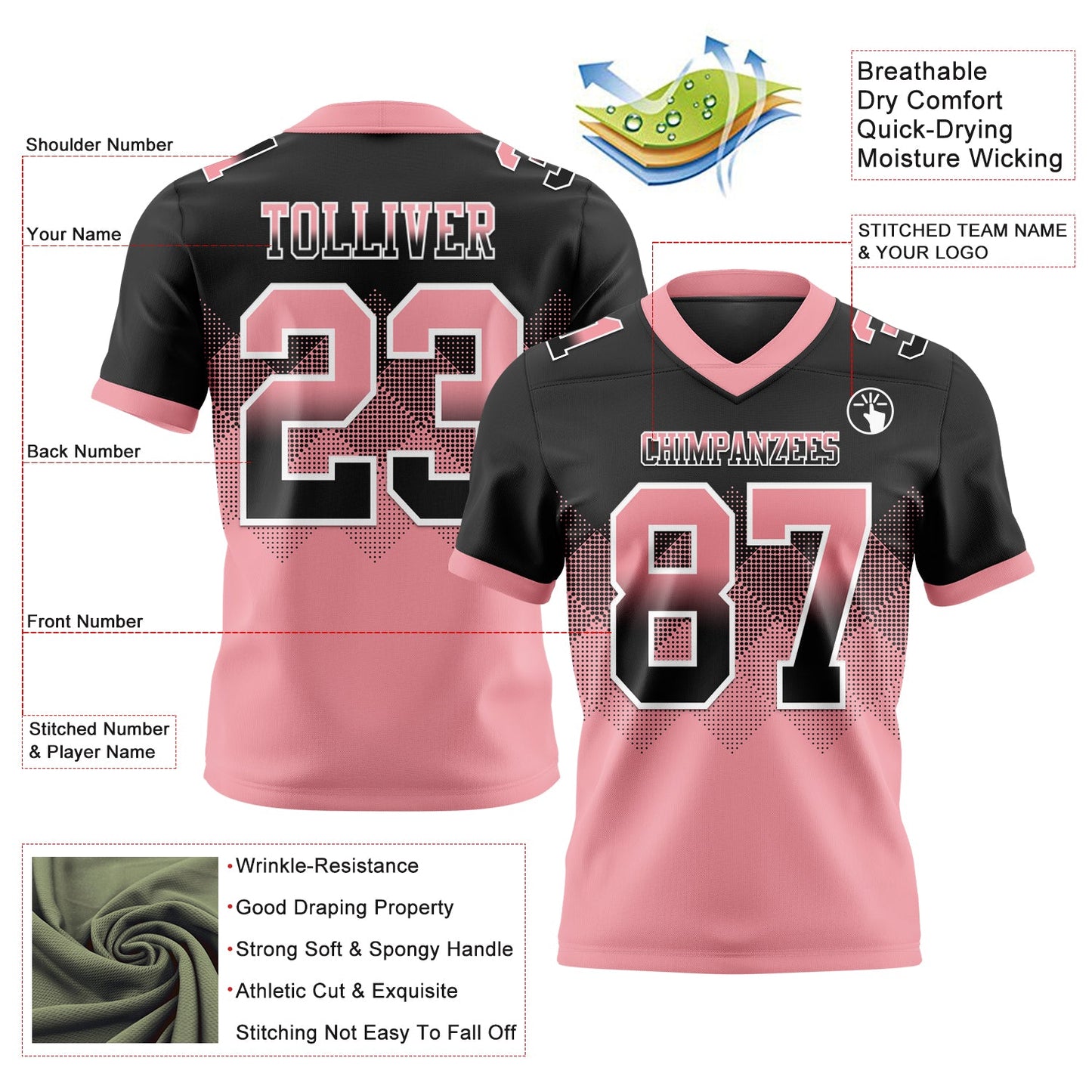 Custom Black Medium Pink-White Authentic Gradient Square Shape 7V7 Flag Football Jersey view 2