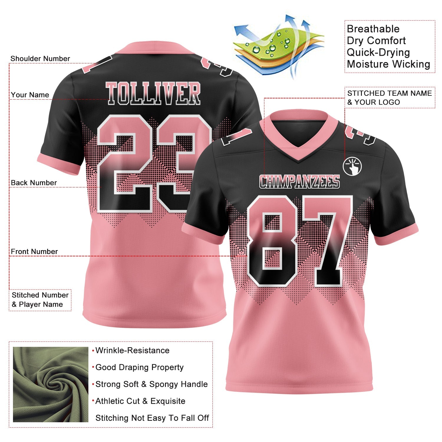 Custom Black Medium Pink-White Authentic Gradient Square Shape 7V7 Flag Football Jersey view 2