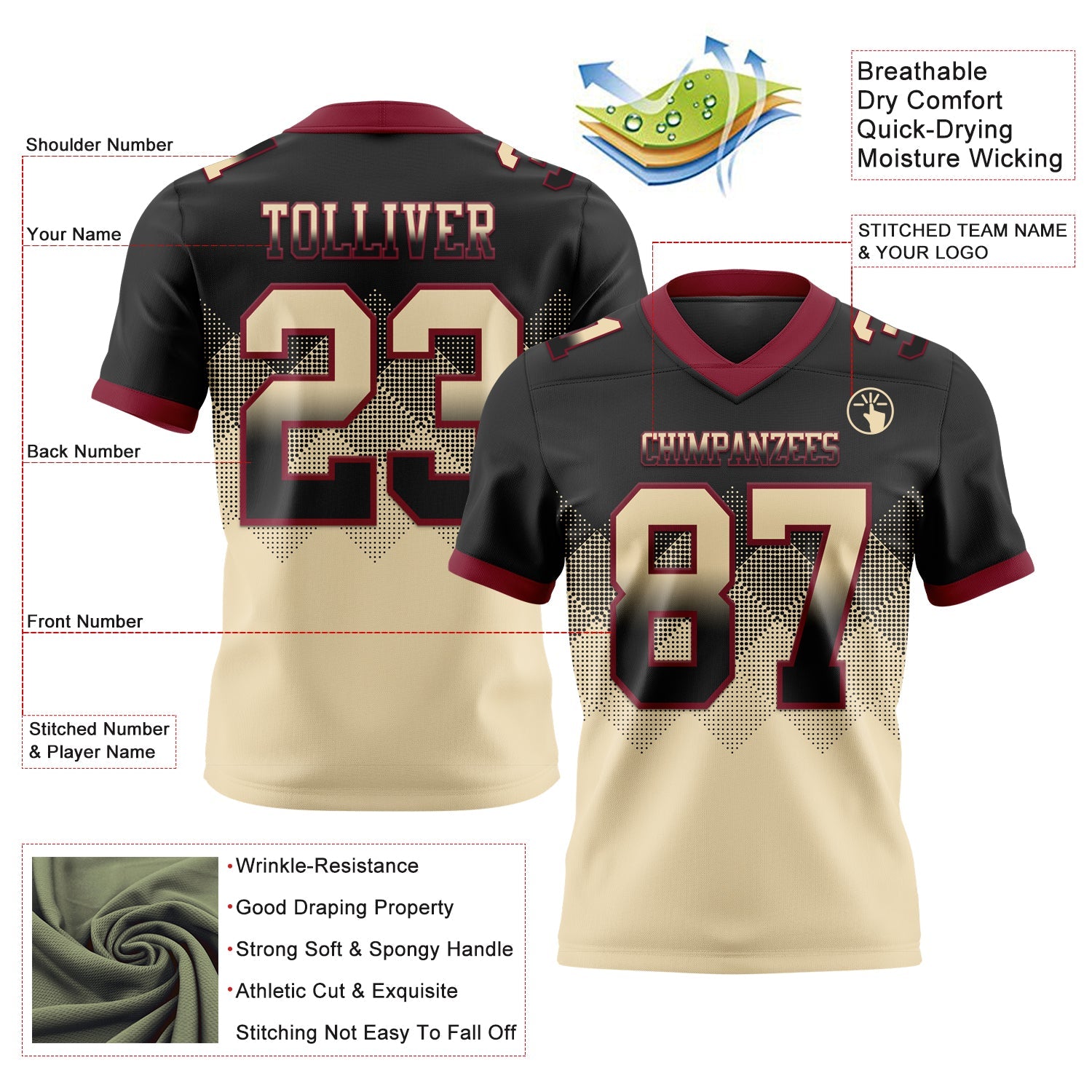 Custom Black Cream-Crimson Authentic Gradient Square Shape 7V7 Flag Football Jersey view 2