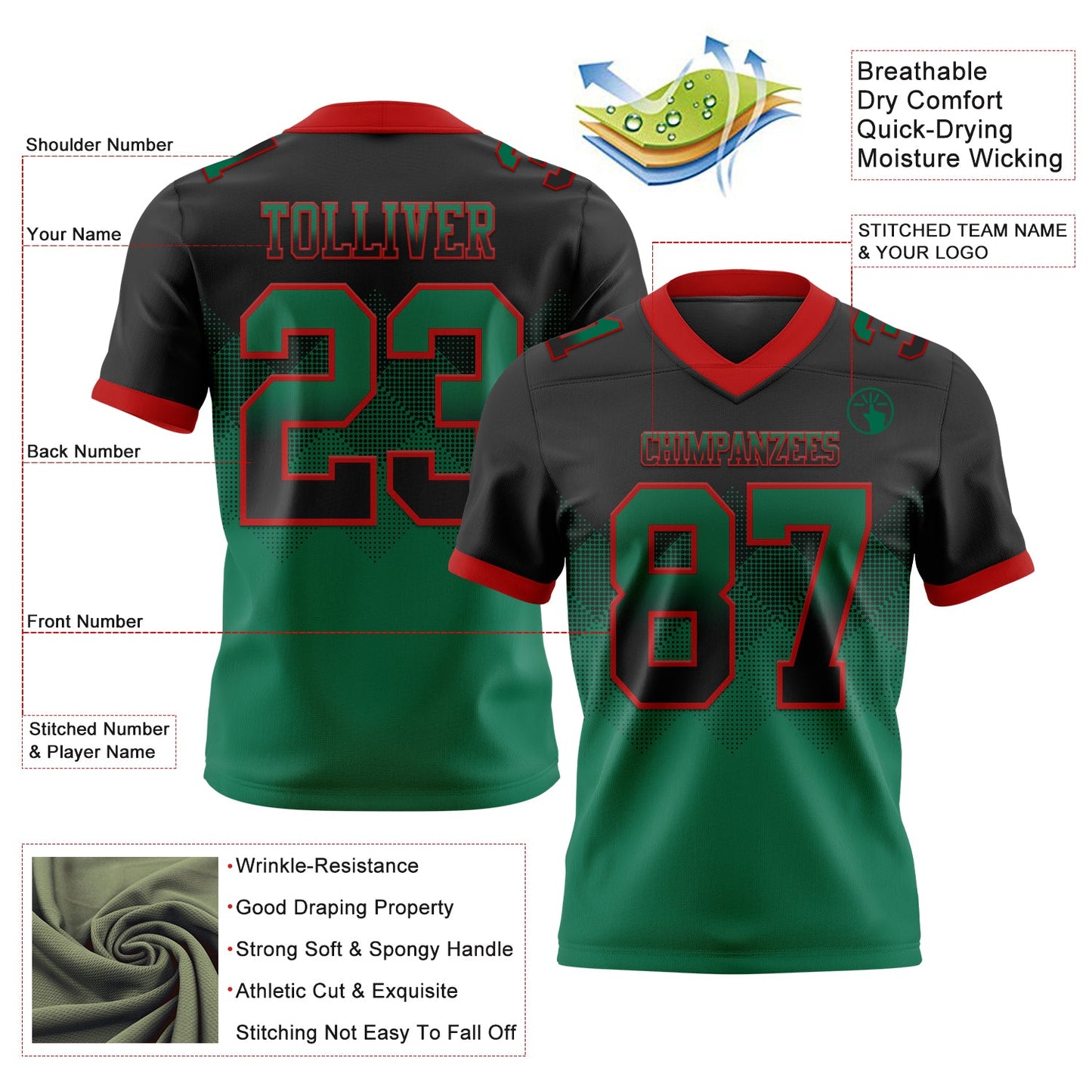 Custom Black Kelly Green-Red Authentic Gradient Square Shape 7V7 Flag Football Jersey view 2