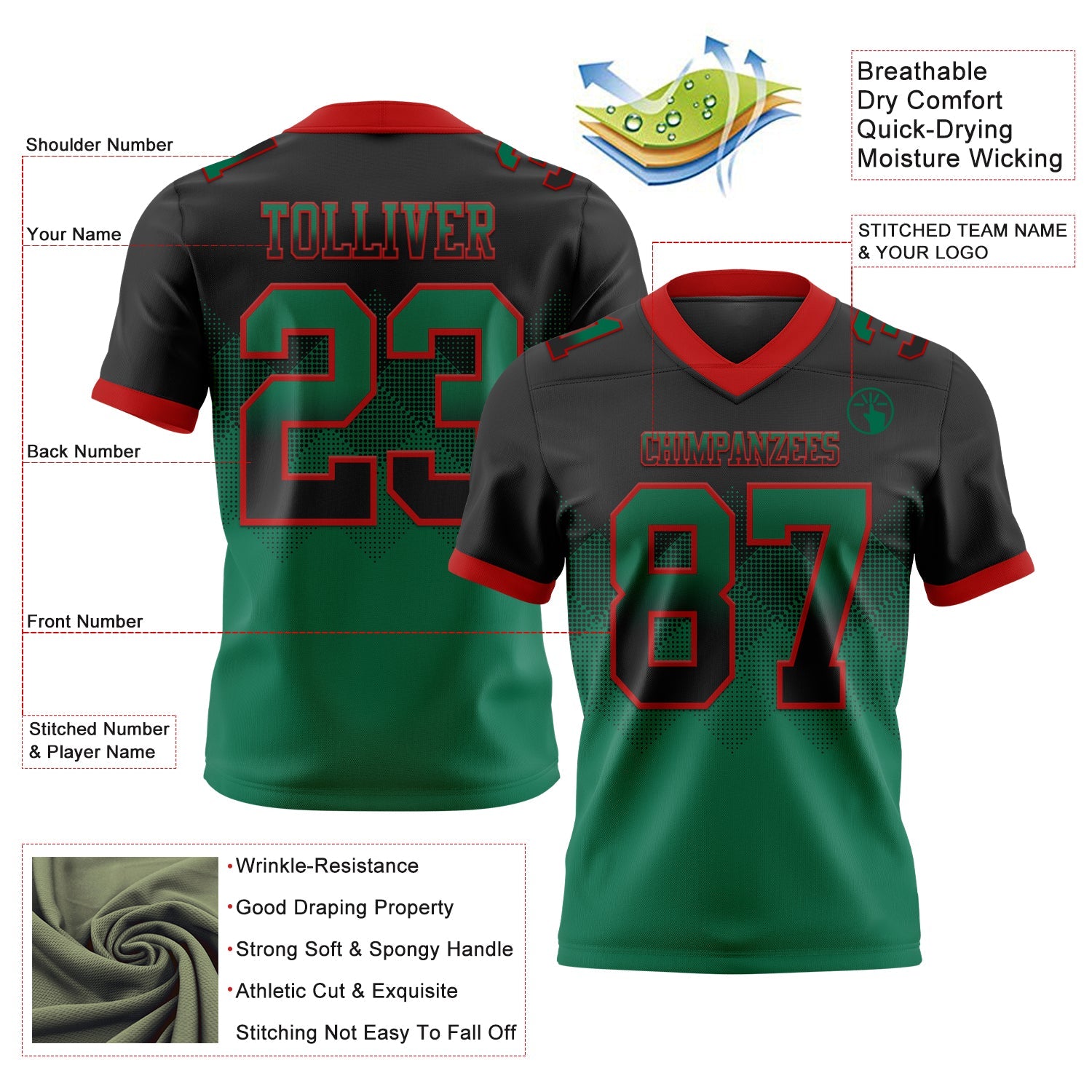 Custom Black Kelly Green-Red Authentic Gradient Square Shape 7V7 Flag Football Jersey view 2