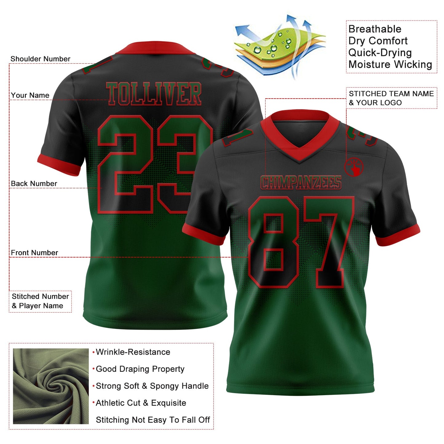 Custom Black Green-Red Authentic Gradient Square Shape 7V7 Flag Football Jersey view 2
