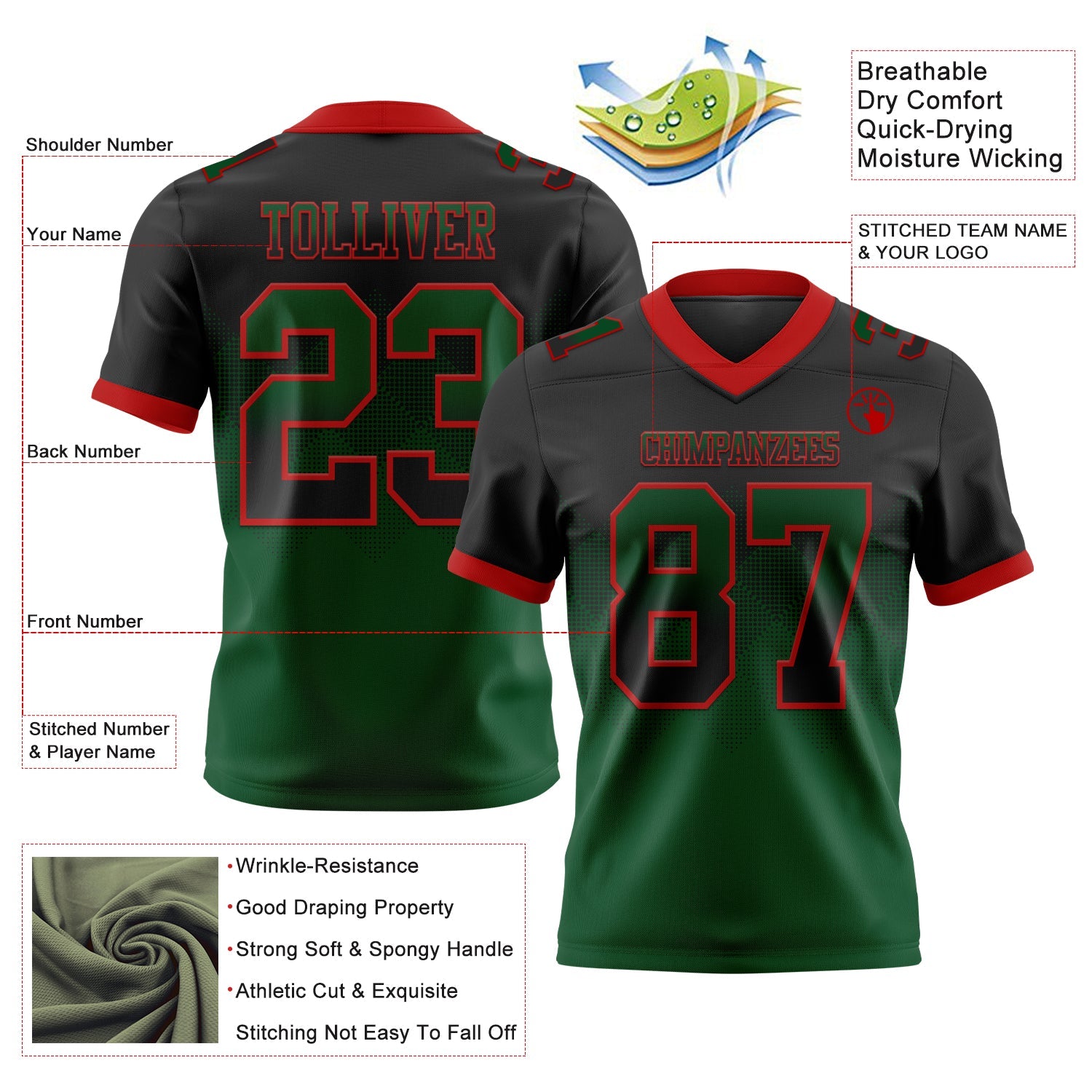 Custom Black Green-Red Authentic Gradient Square Shape 7V7 Flag Football Jersey view 2