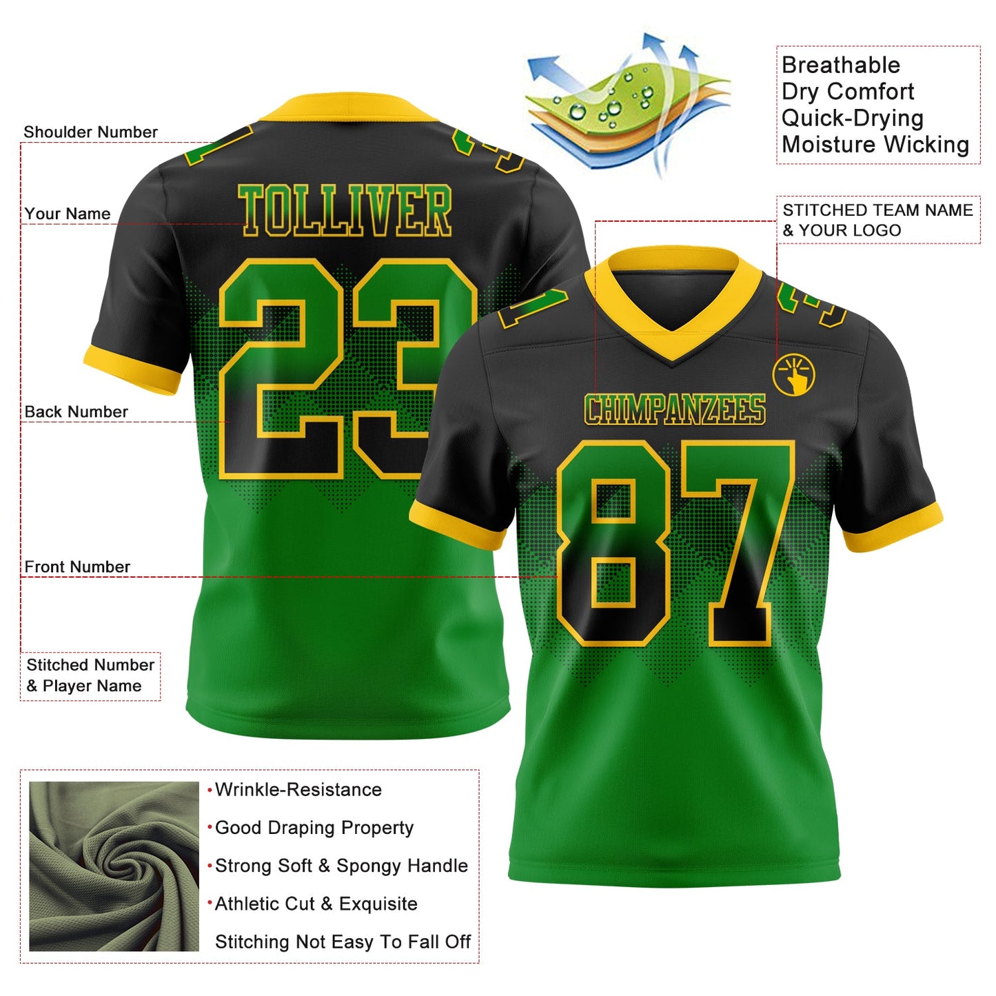 Custom Black Grass Green-Yellow Authentic Gradient Square Shape 7V7 Flag Football Jersey view 2