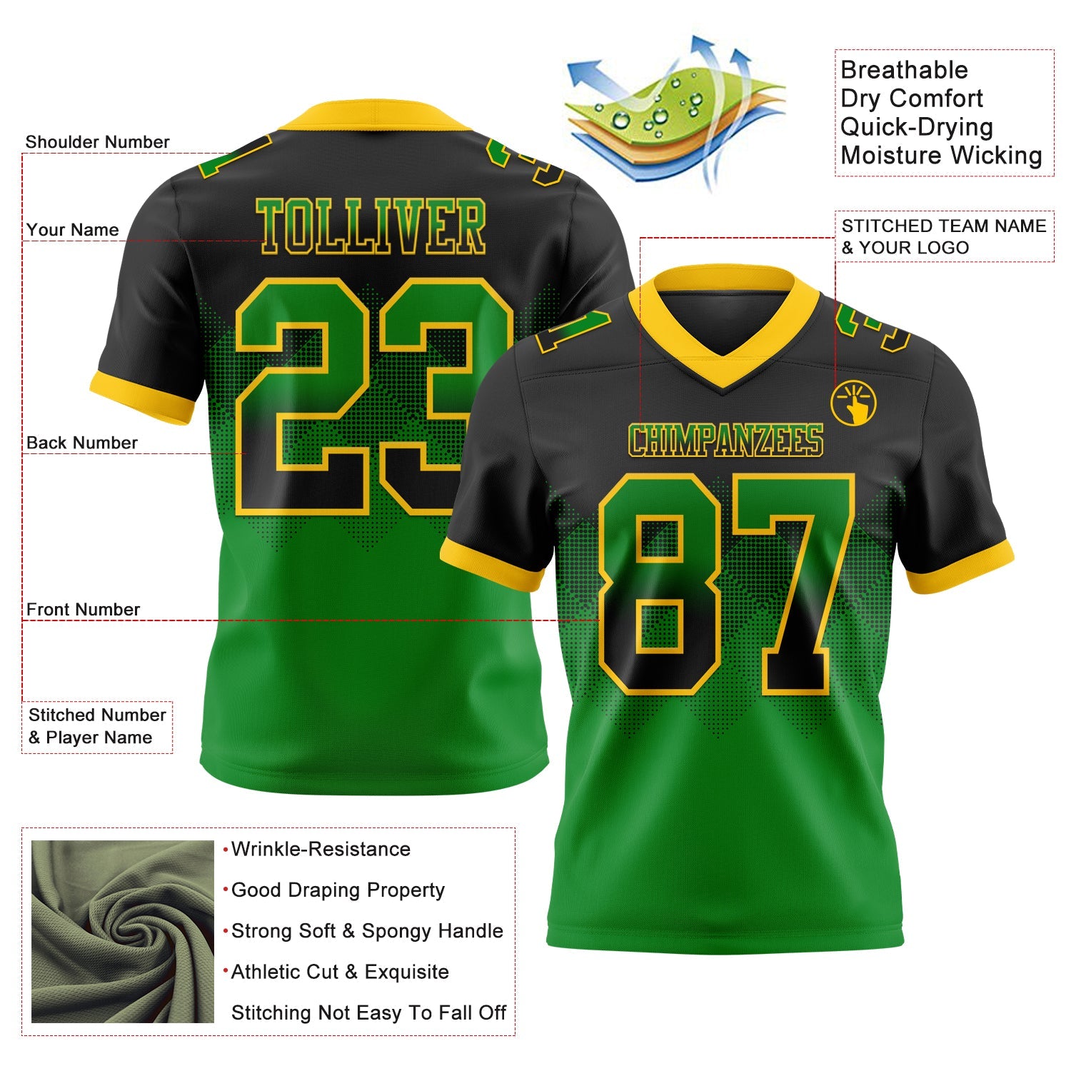 Custom Black Grass Green-Yellow Authentic Gradient Square Shape 7V7 Flag Football Jersey view 2