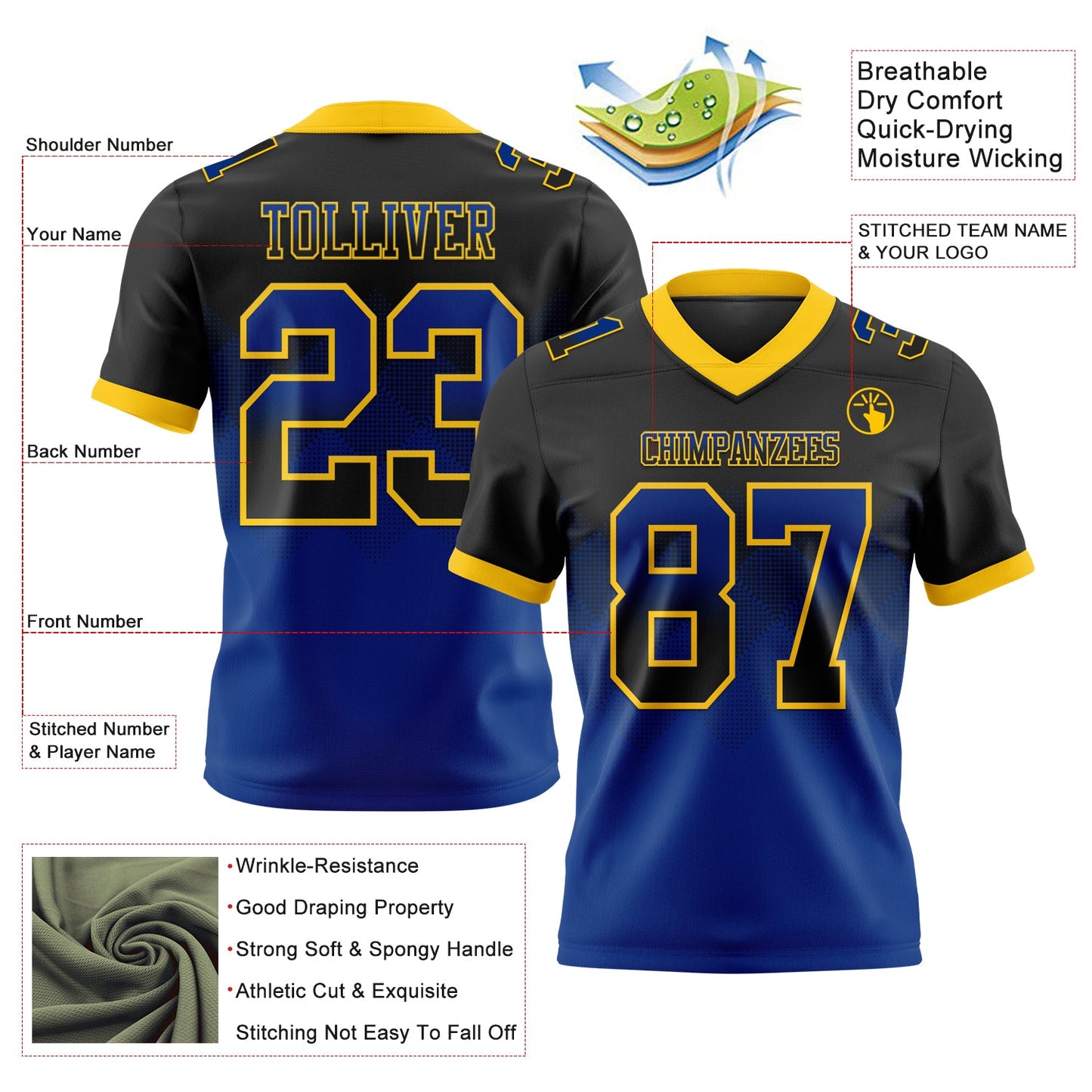 Custom Black Royal-Yellow Authentic Gradient Square Shape 7V7 Flag Football Jersey view 2