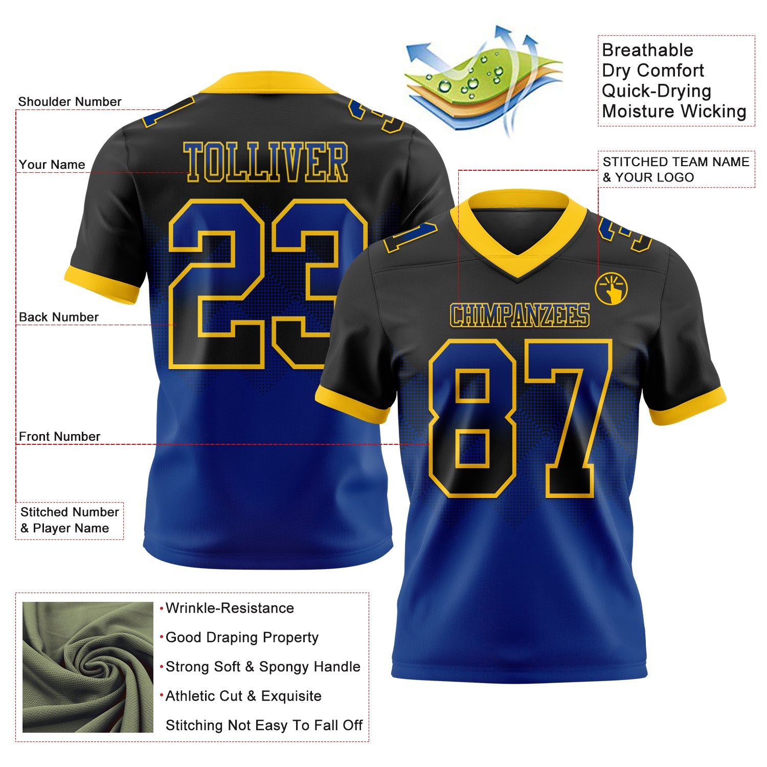 Custom Black Royal-Yellow Authentic Gradient Square Shape 7V7 Flag Football Jersey view 2
