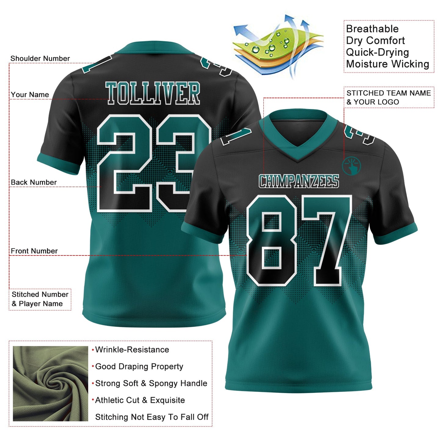 Custom Black Teal-White Authentic Gradient Square Shape 7V7 Flag Football Jersey view 2