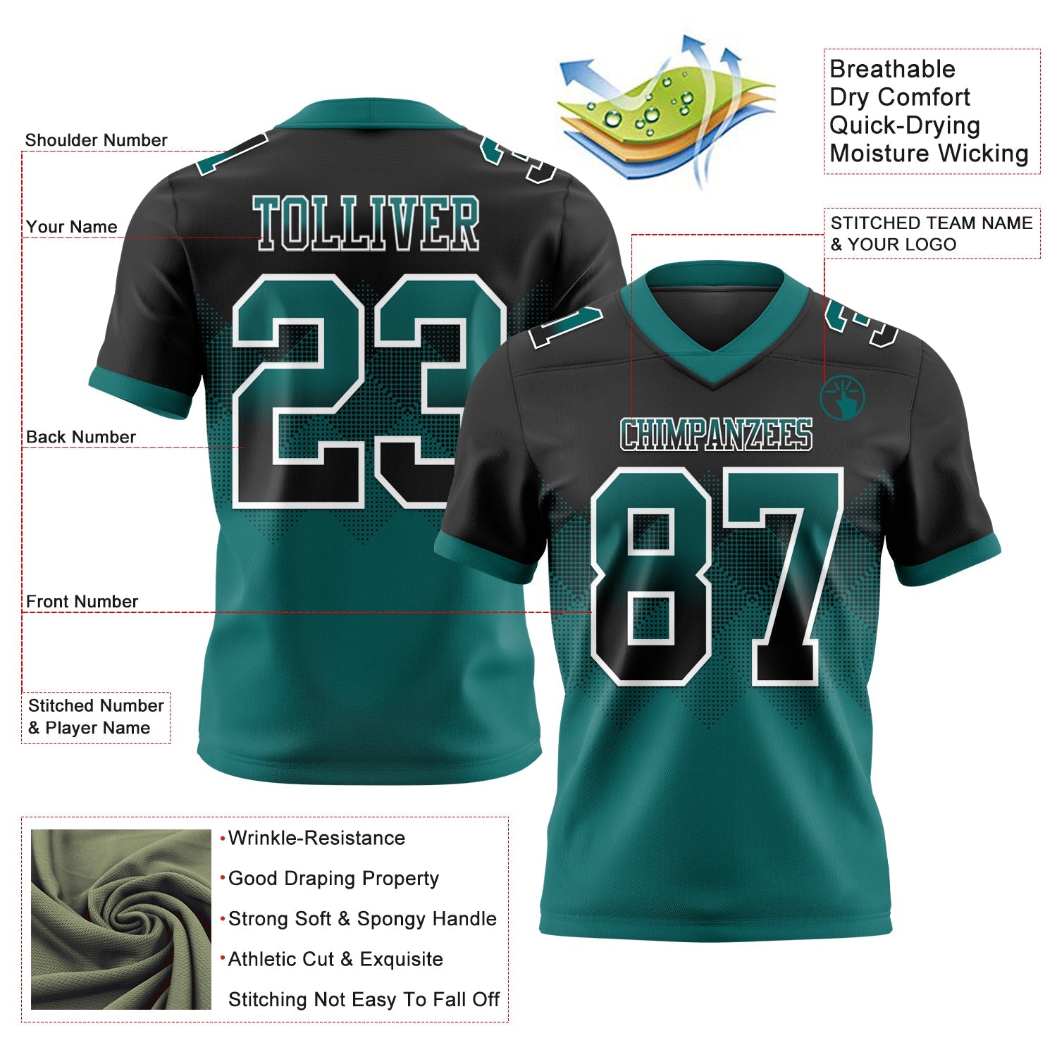 Custom Black Teal-White Authentic Gradient Square Shape 7V7 Flag Football Jersey view 2