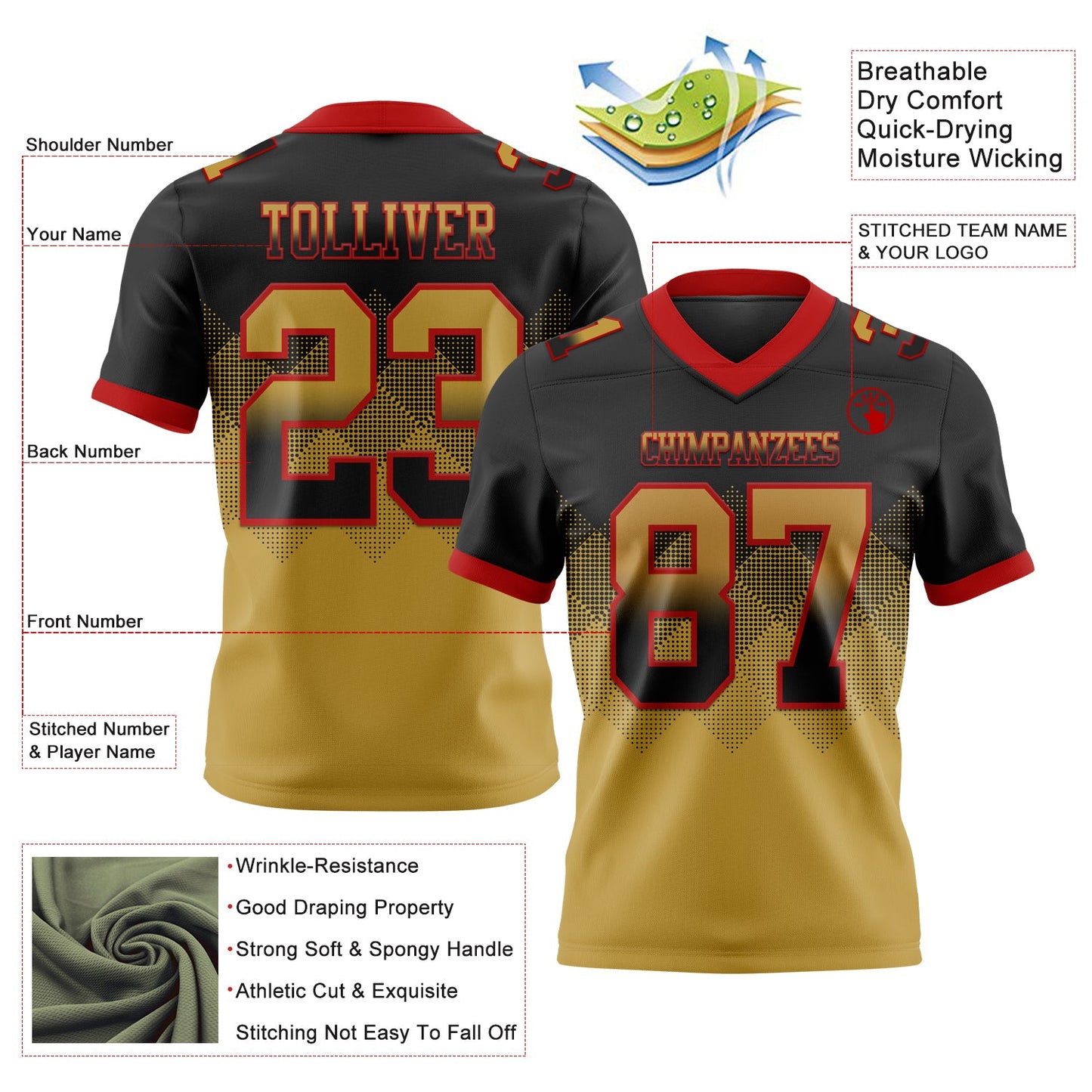 Custom Black Old Gold-Red Authentic Gradient Square Shape 7V7 Flag Football Jersey view 2