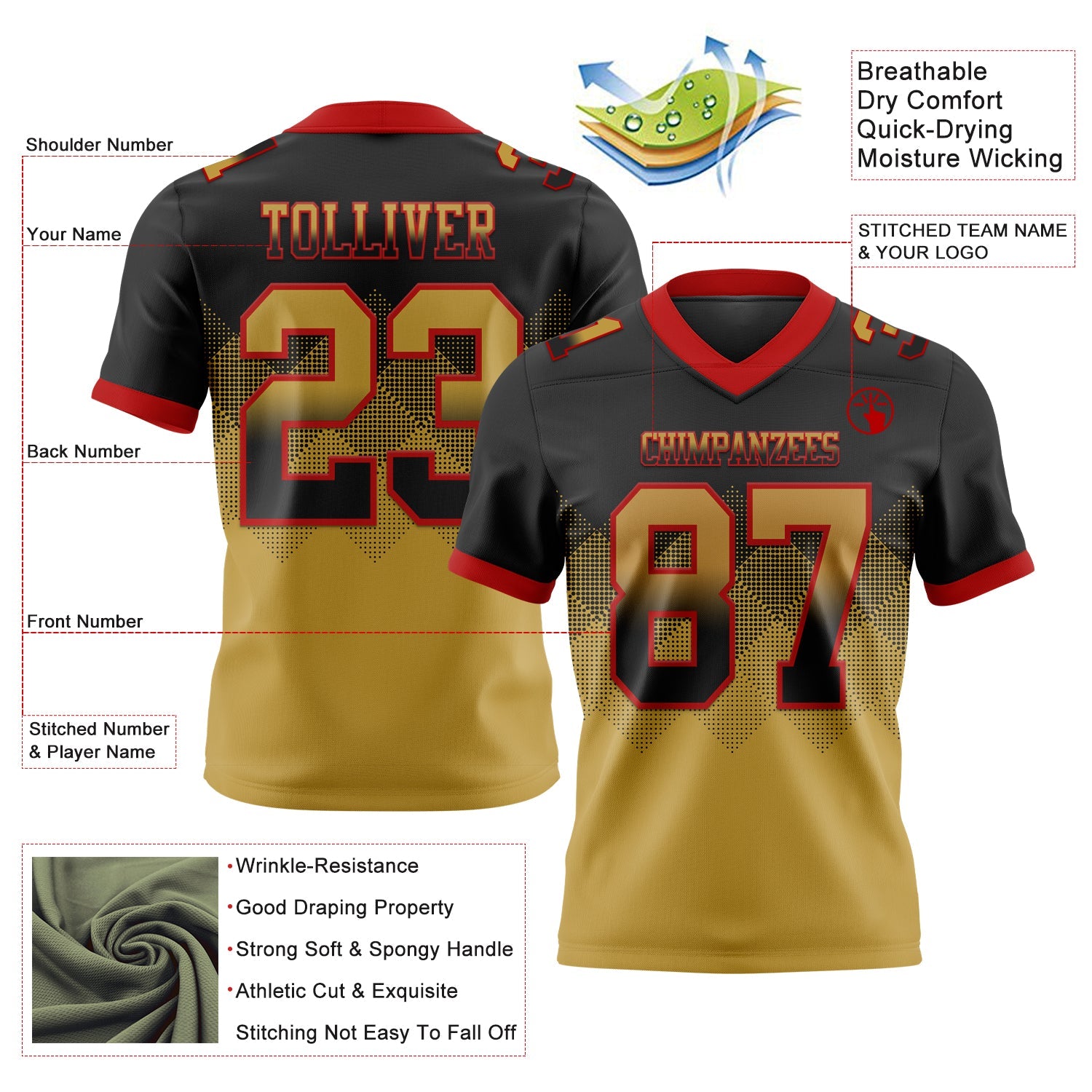 Custom Black Old Gold-Red Authentic Gradient Square Shape 7V7 Flag Football Jersey view 2