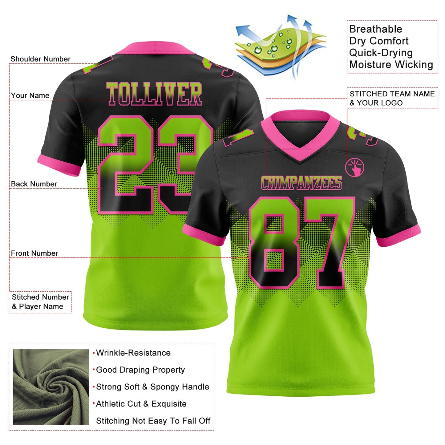 Custom Black Neon Green-Pink Authentic Gradient Square Shape 7V7 Flag Football Jersey view 2
