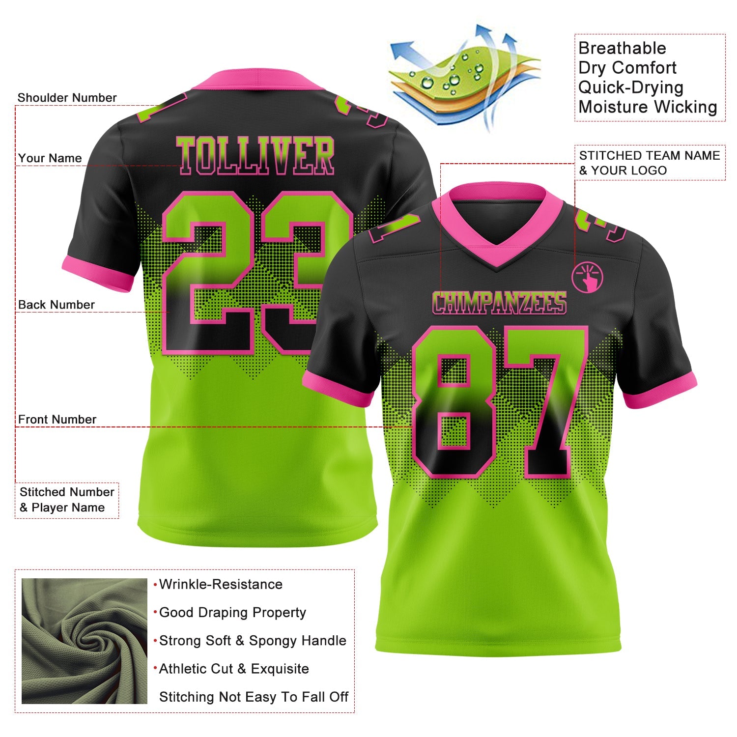 Custom Black Neon Green-Pink Authentic Gradient Square Shape 7V7 Flag Football Jersey view 2