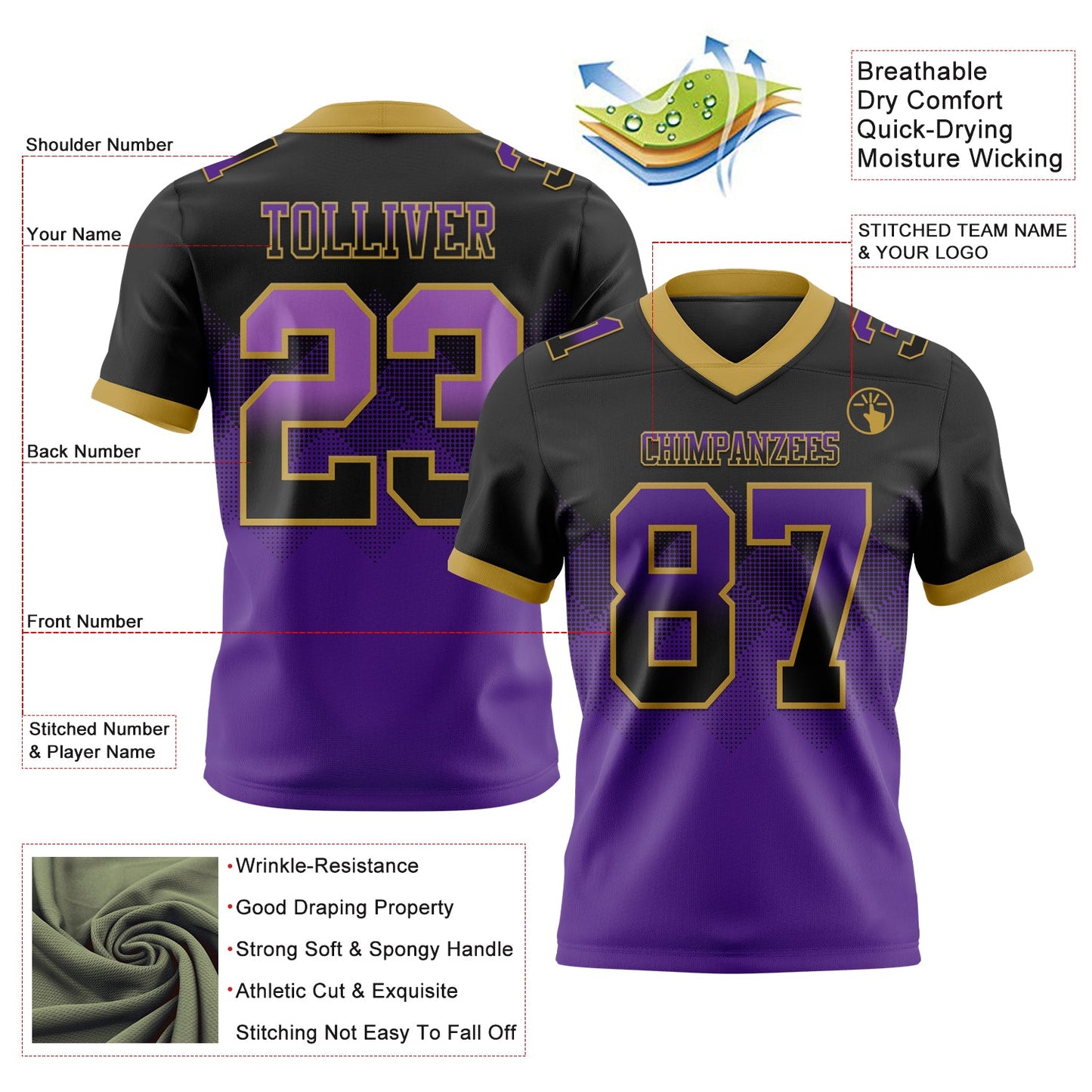 Custom Black Purple-Old Gold Authentic Gradient Square Shape 7V7 Flag Football Jersey view 2