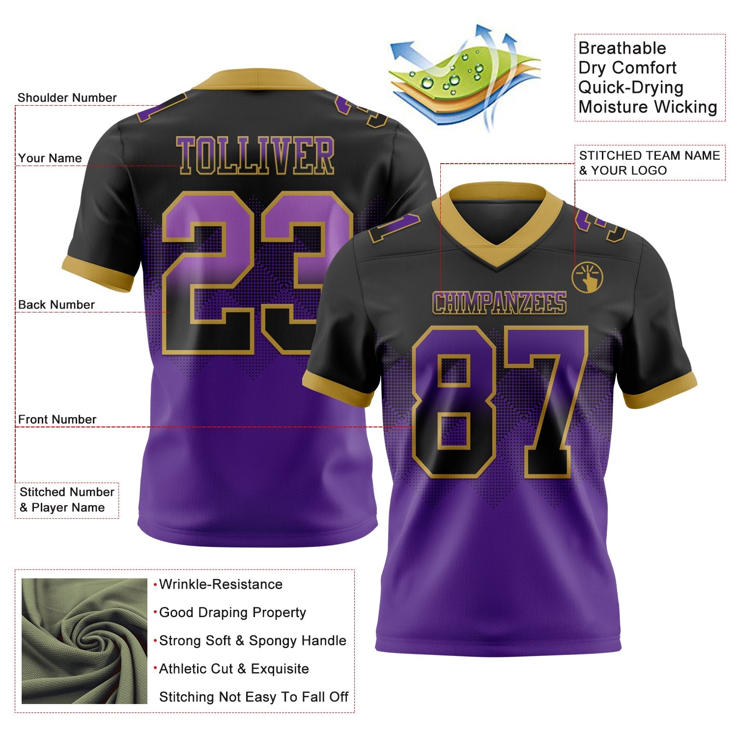 Custom Black Purple-Old Gold Authentic Gradient Square Shape 7V7 Flag Football Jersey view 2