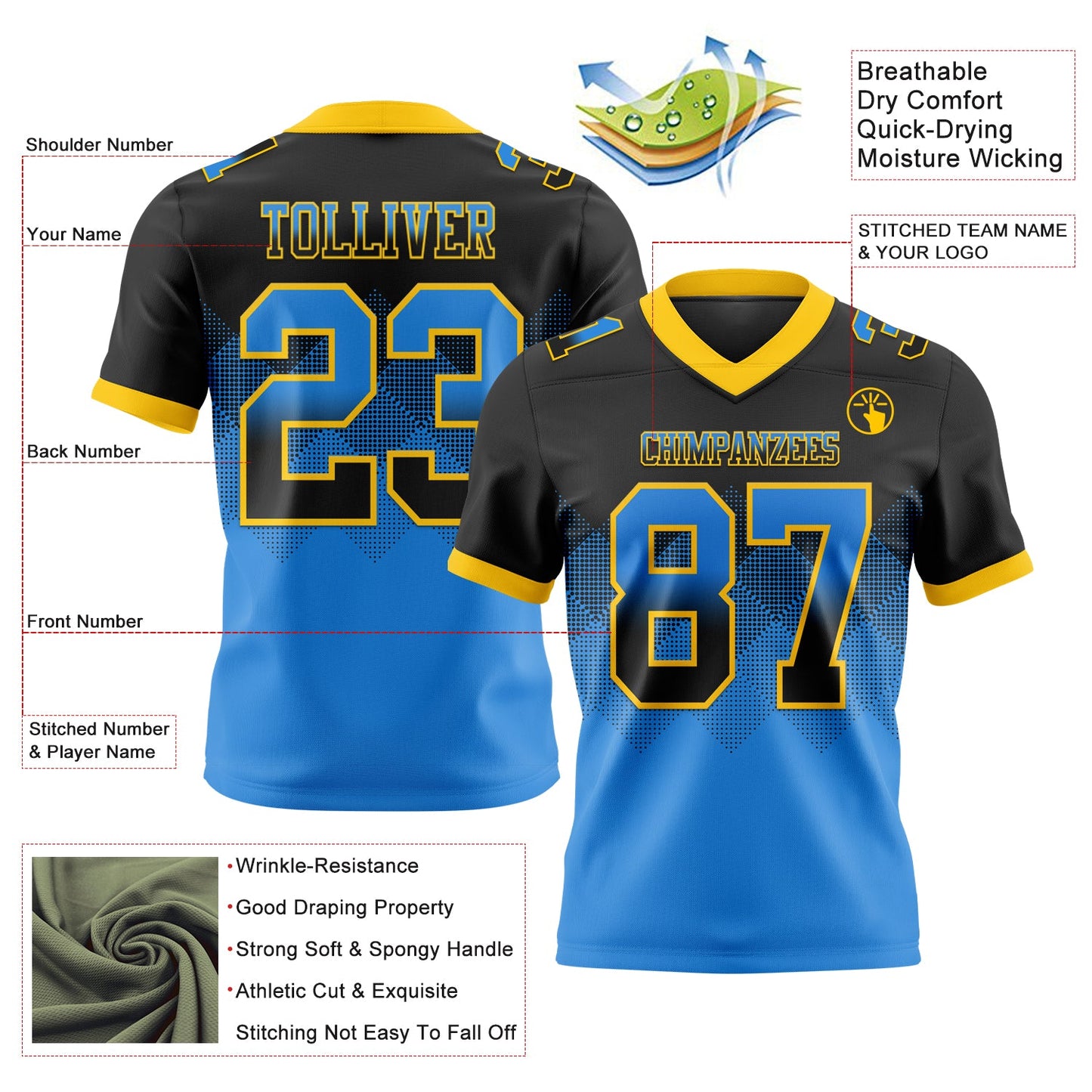 Custom Black Powder Blue-Yellow Authentic Gradient Square Shape 7V7 Flag Football Jersey view 2