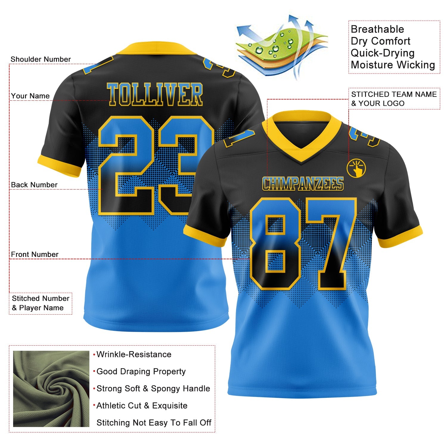 Custom Black Powder Blue-Yellow Authentic Gradient Square Shape 7V7 Flag Football Jersey view 2