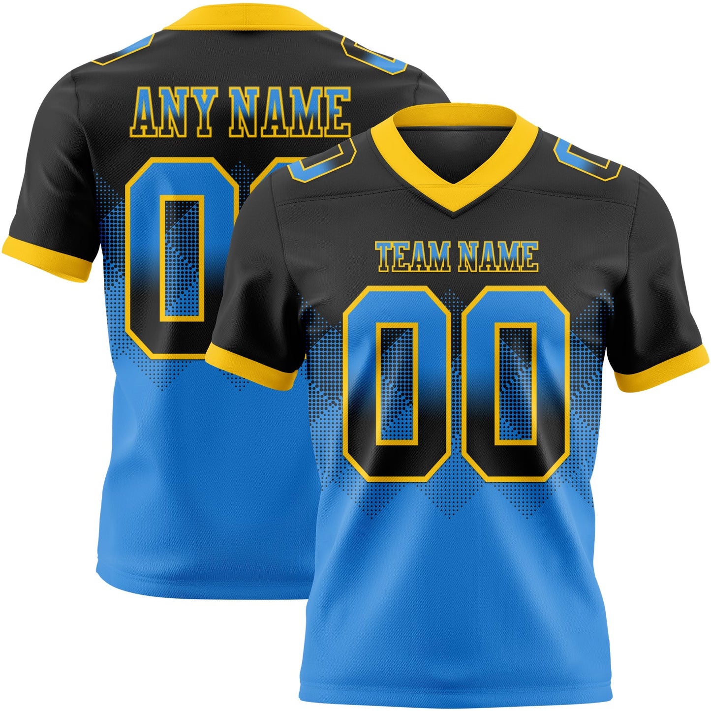 Custom Black Powder Blue-Yellow Authentic Gradient Square Shape 7V7 Flag Football Jersey - Main View