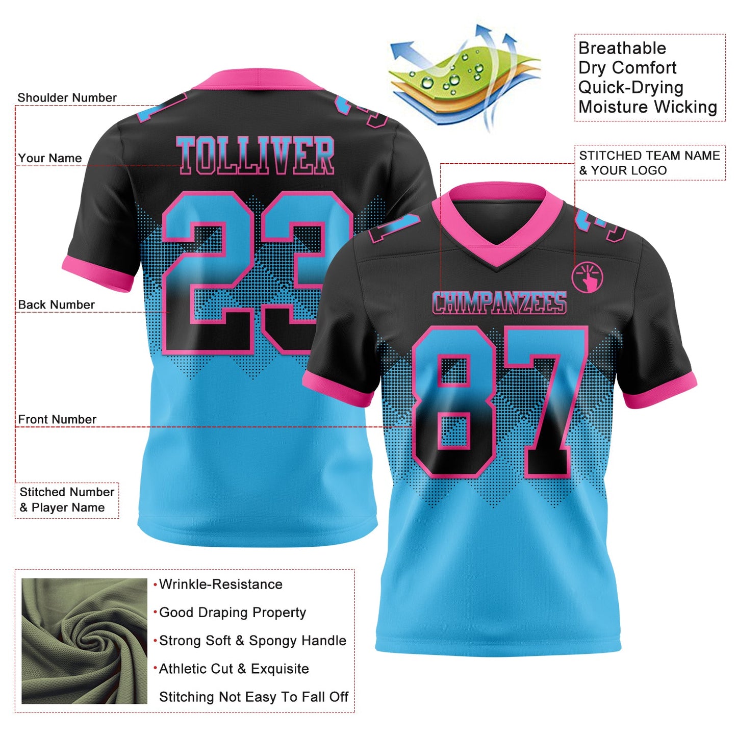 Custom Black Sky Blue-Pink Authentic Gradient Square Shape 7V7 Flag Football Jersey view 2