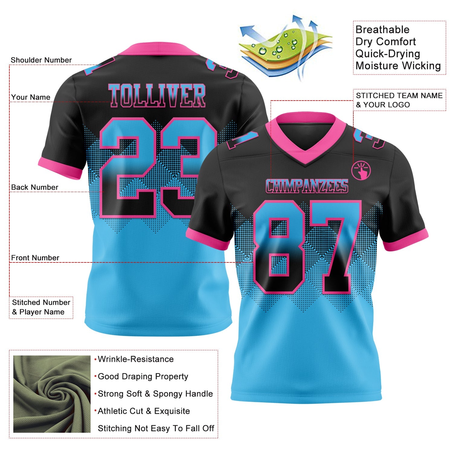 Custom Black Sky Blue-Pink Authentic Gradient Square Shape 7V7 Flag Football Jersey view 2