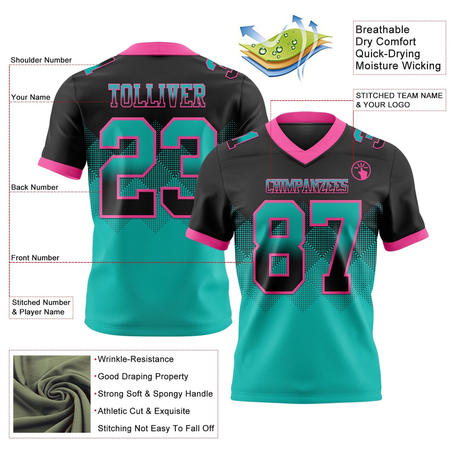 Custom Black Aqua-Pink Authentic Gradient Square Shape 7V7 Flag Football Jersey view 2