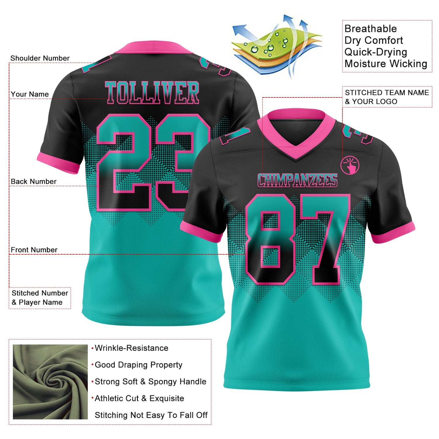 Custom Black Aqua-Pink Authentic Gradient Square Shape 7V7 Flag Football Jersey view 2