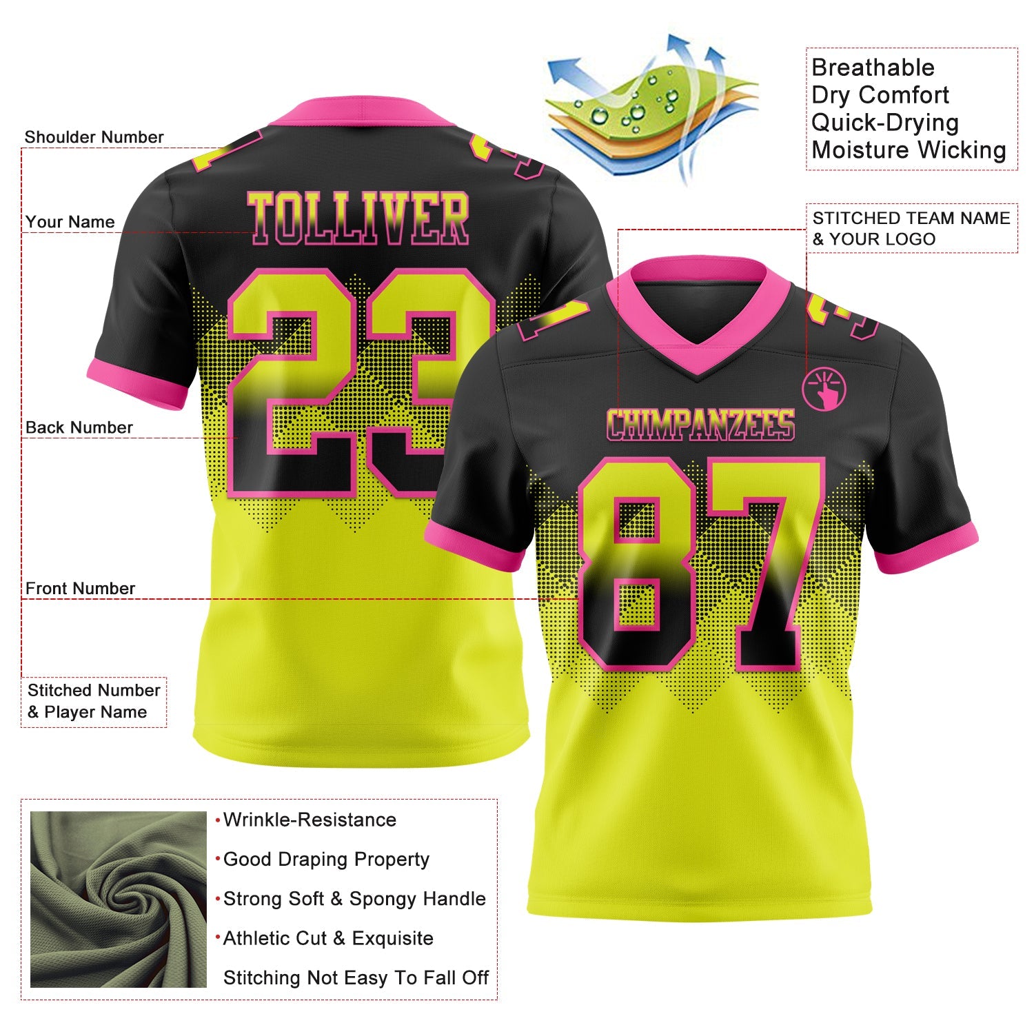 Custom Black Neon Yellow-Pink Authentic Gradient Square Shape 7V7 Flag Football Jersey view 2