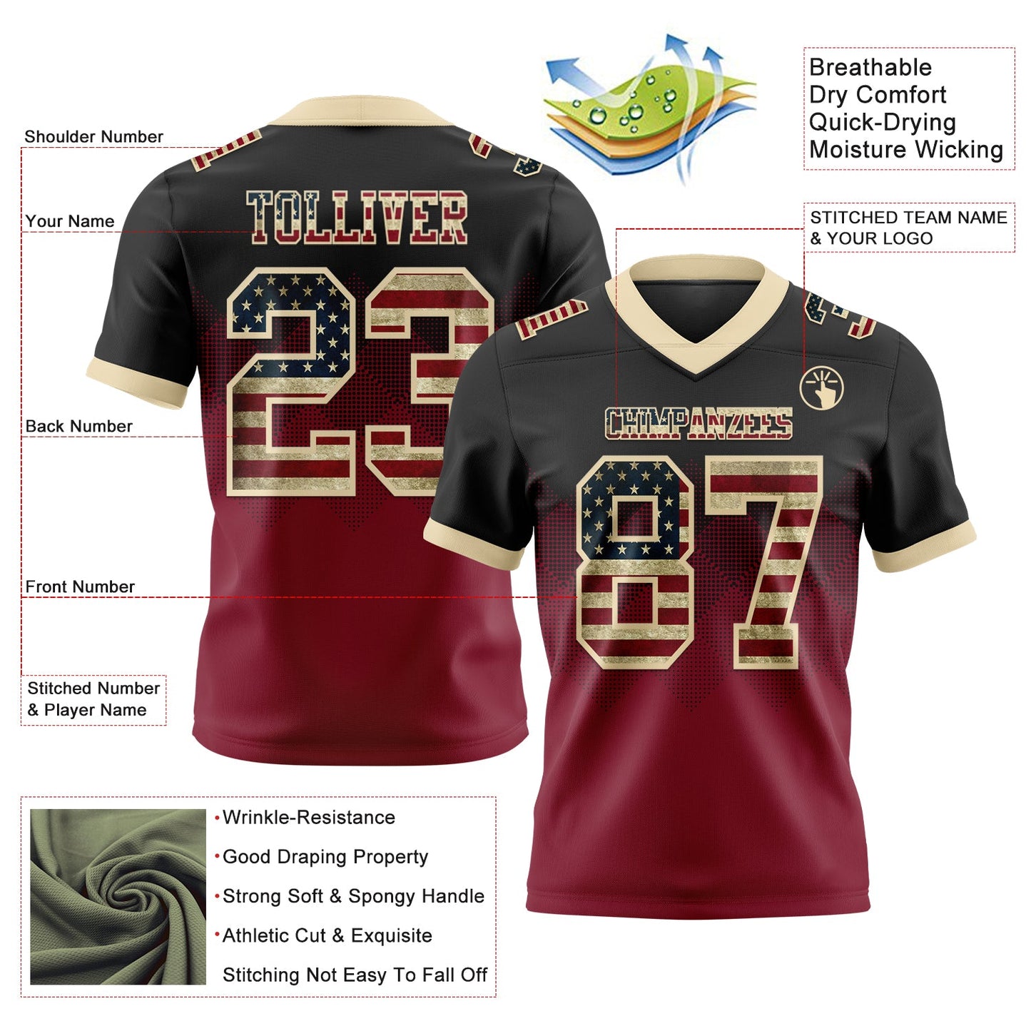 Custom Black Vintage USA Flag Crimson-Cream Authentic Gradient Square Shape 7V7 Flag Football Jersey view 2