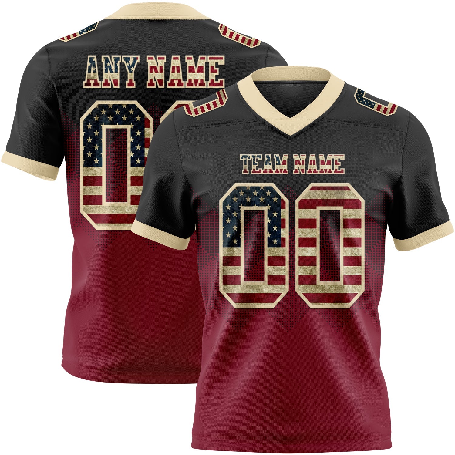 Custom Black Vintage USA Flag Crimson-Cream Authentic Gradient Square Shape 7V7 Flag Football Jersey - Main View